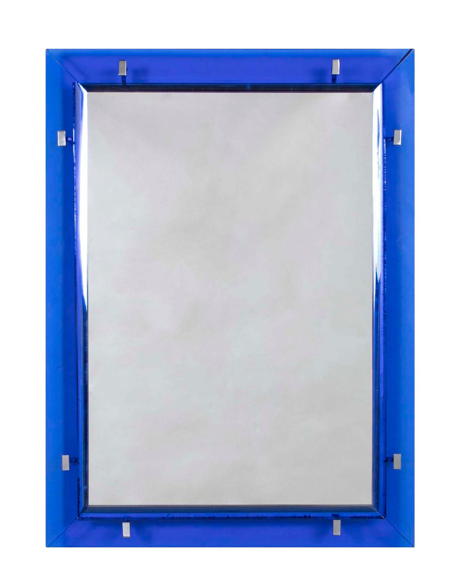 Max Ingrand for Fontana Arte Mirror with Blue Beveled Glass Frame