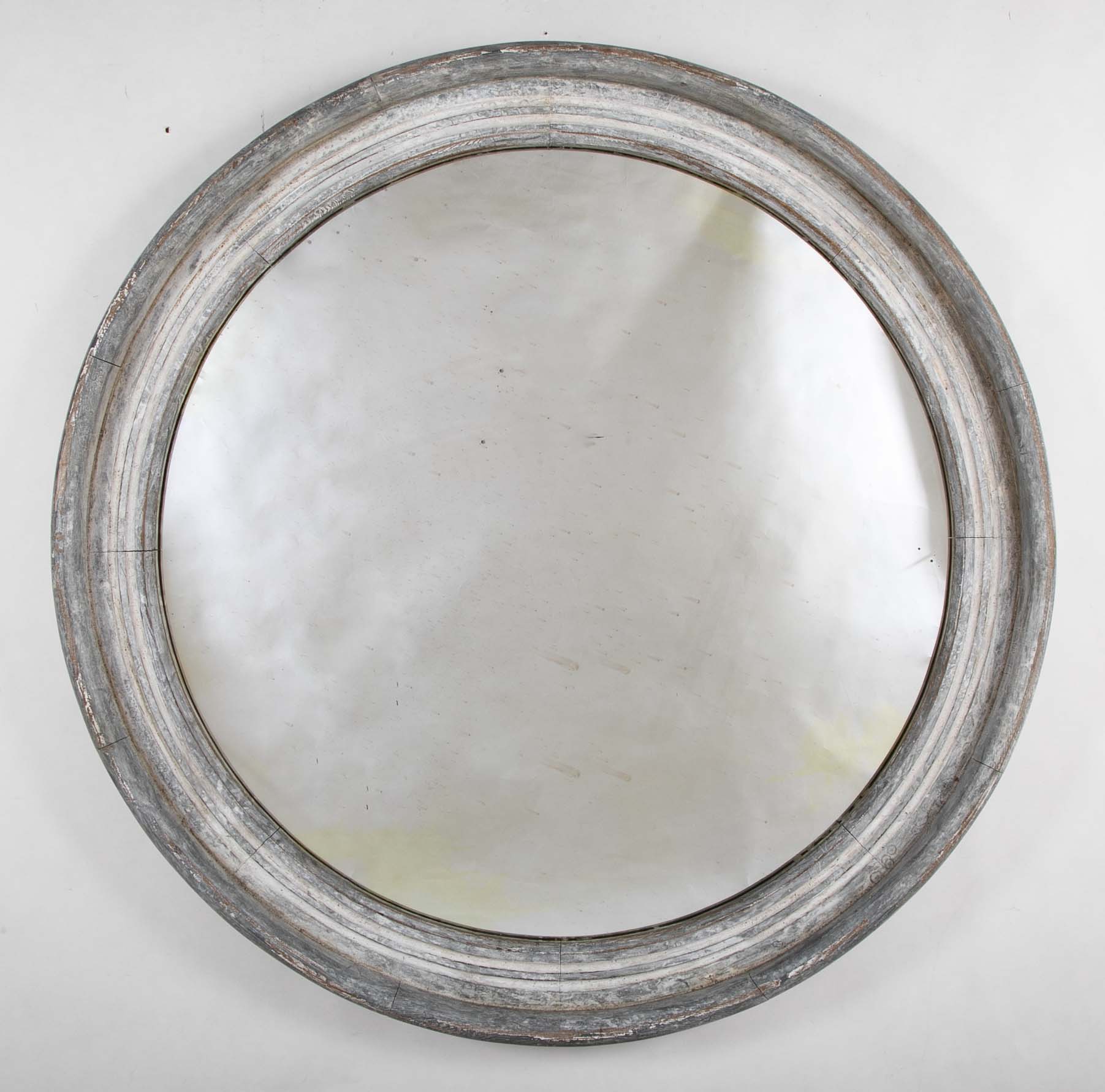 A Round Swedish Mirror with Whitewashed & Patinated Heavy Wood Frame