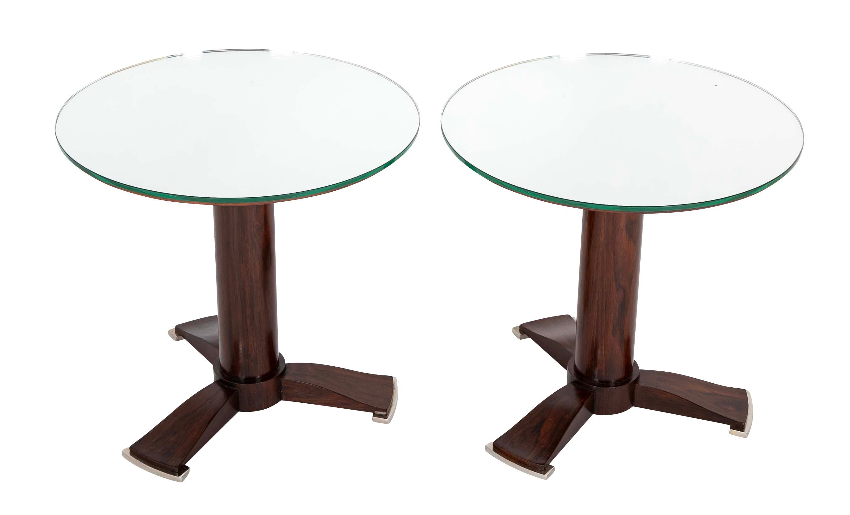 Pair of Round Mirror Top Tables Attributed to Jules Leleu