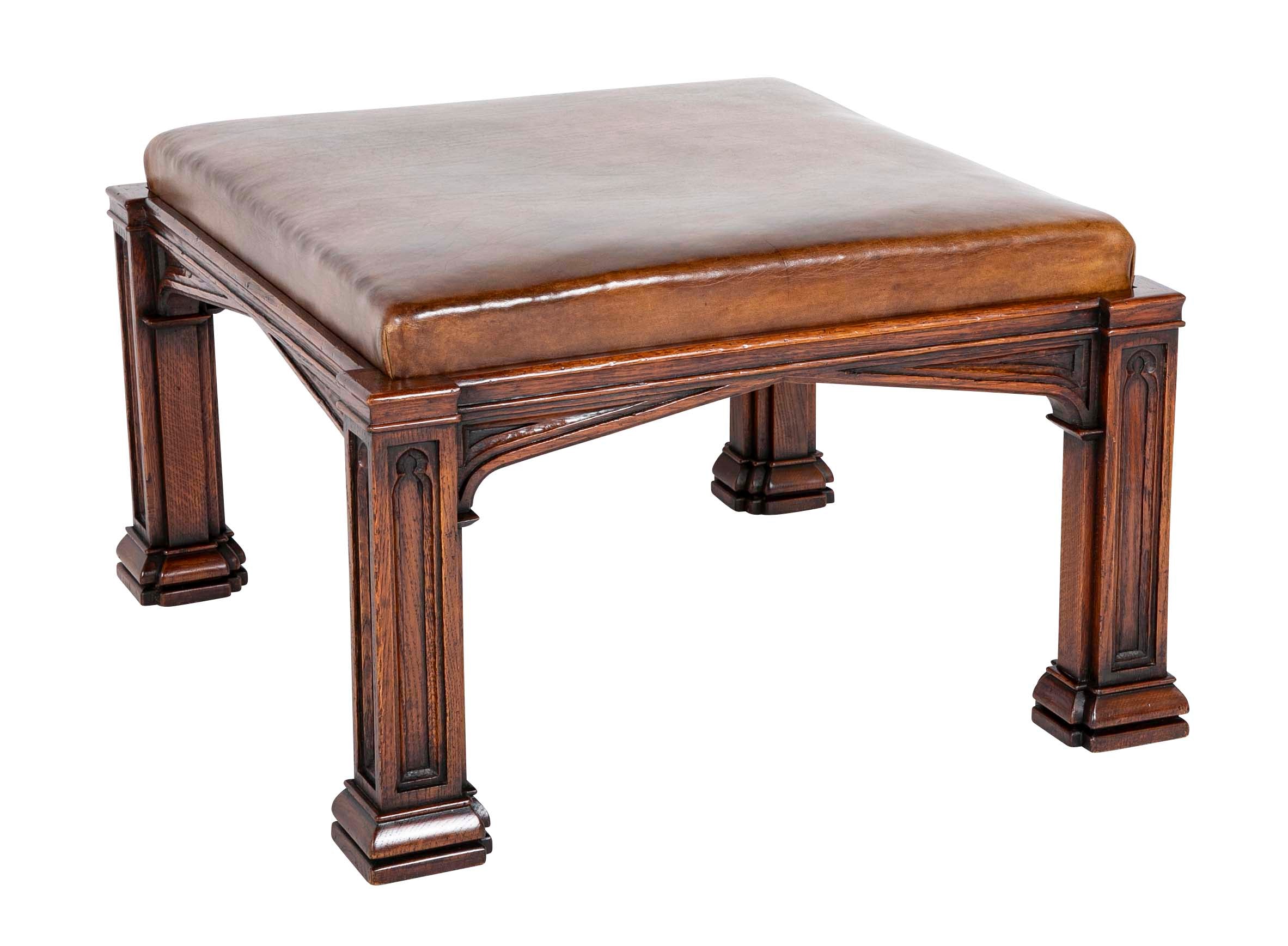 English Oak Bench with Leather Seat After A.W.N. Pugin