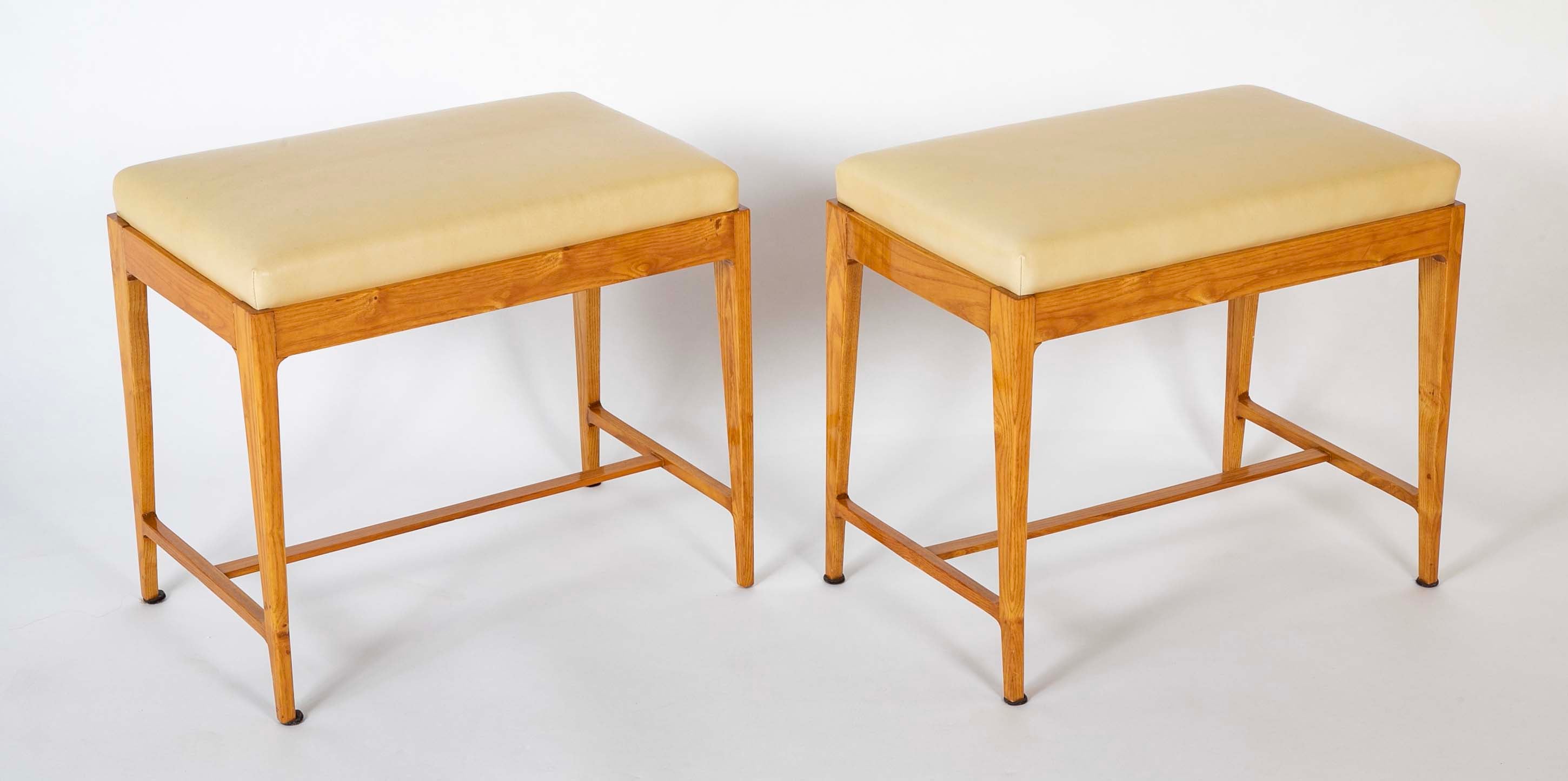 Pair of Ash and Leather Tabourets / Benches Attributed to Gio Ponti