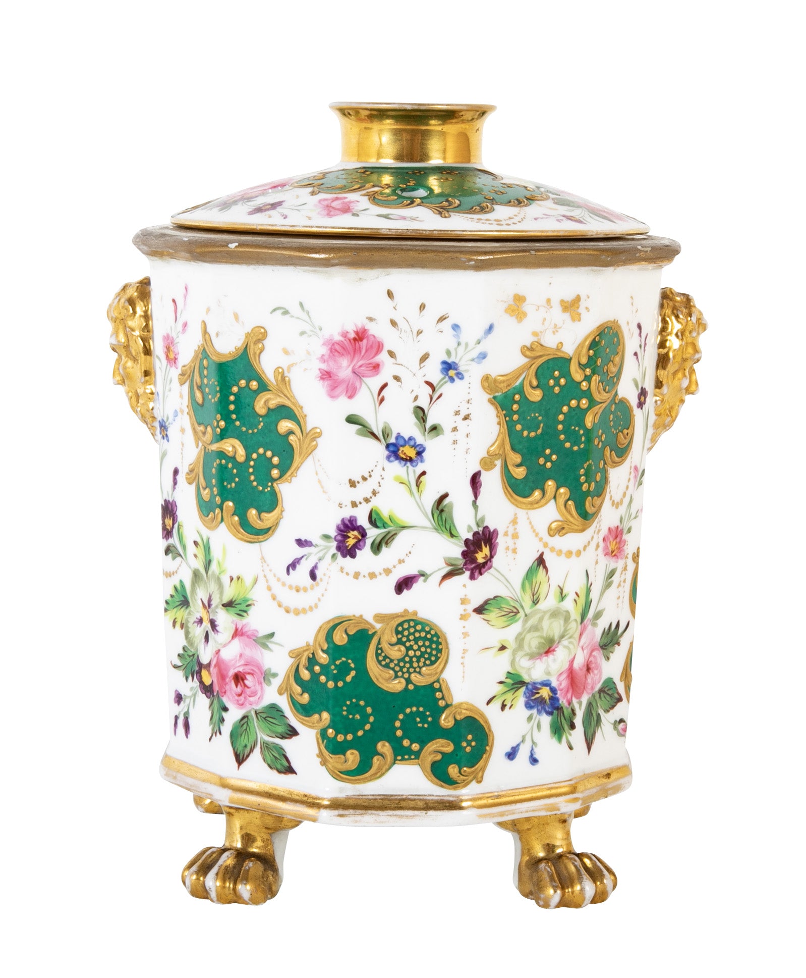 A Paris Porcelain Bulb Pot with Satyr Head Handles & Floral Decor