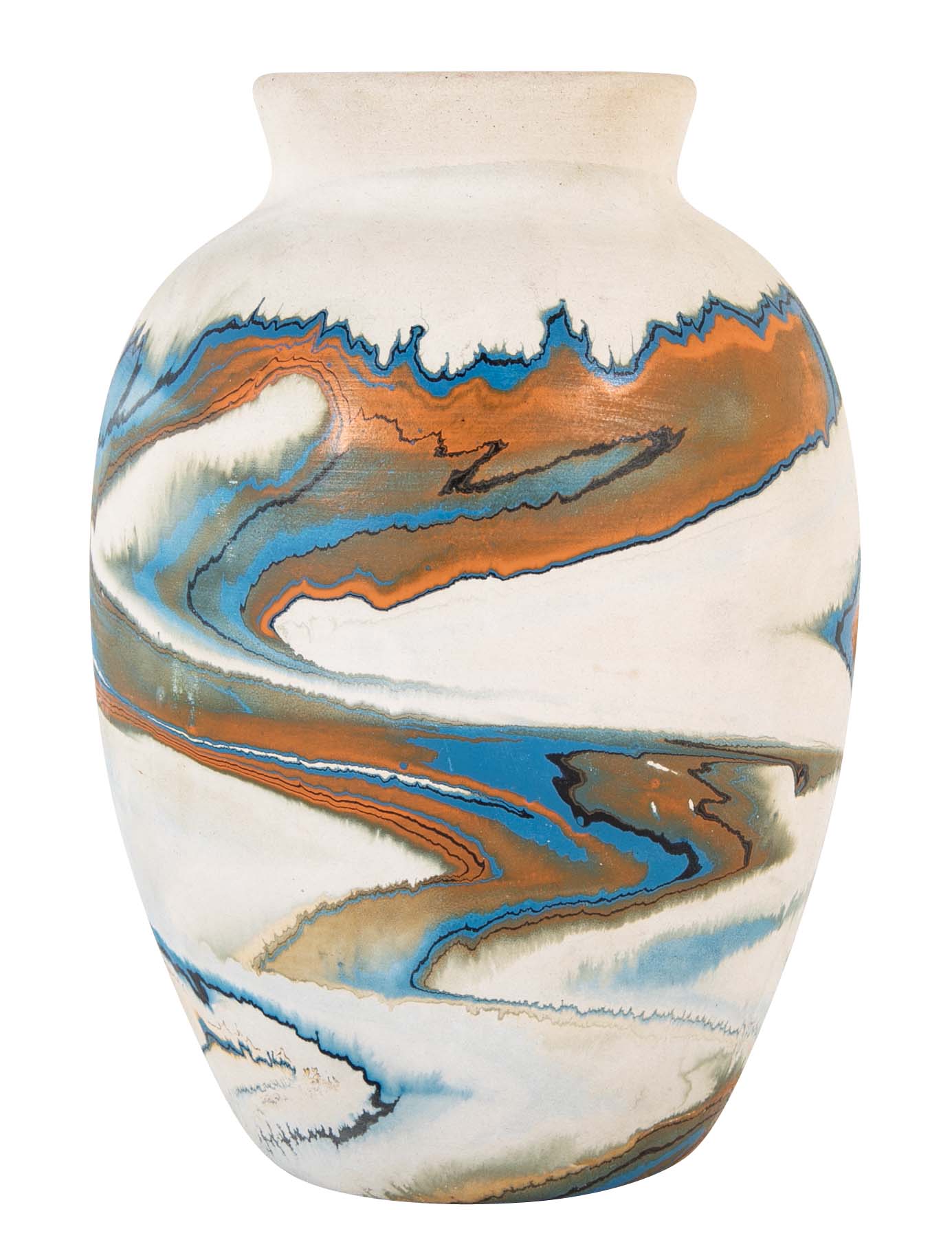 Nemadji Pottery Jar in Beige with Ochre and Blue Swirls