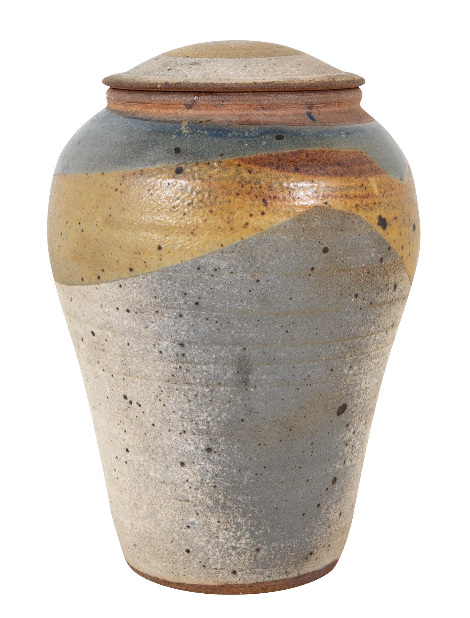 Shigaraki Style Bulbous Brown and Blue Glazed Stoneware Jar with Cover