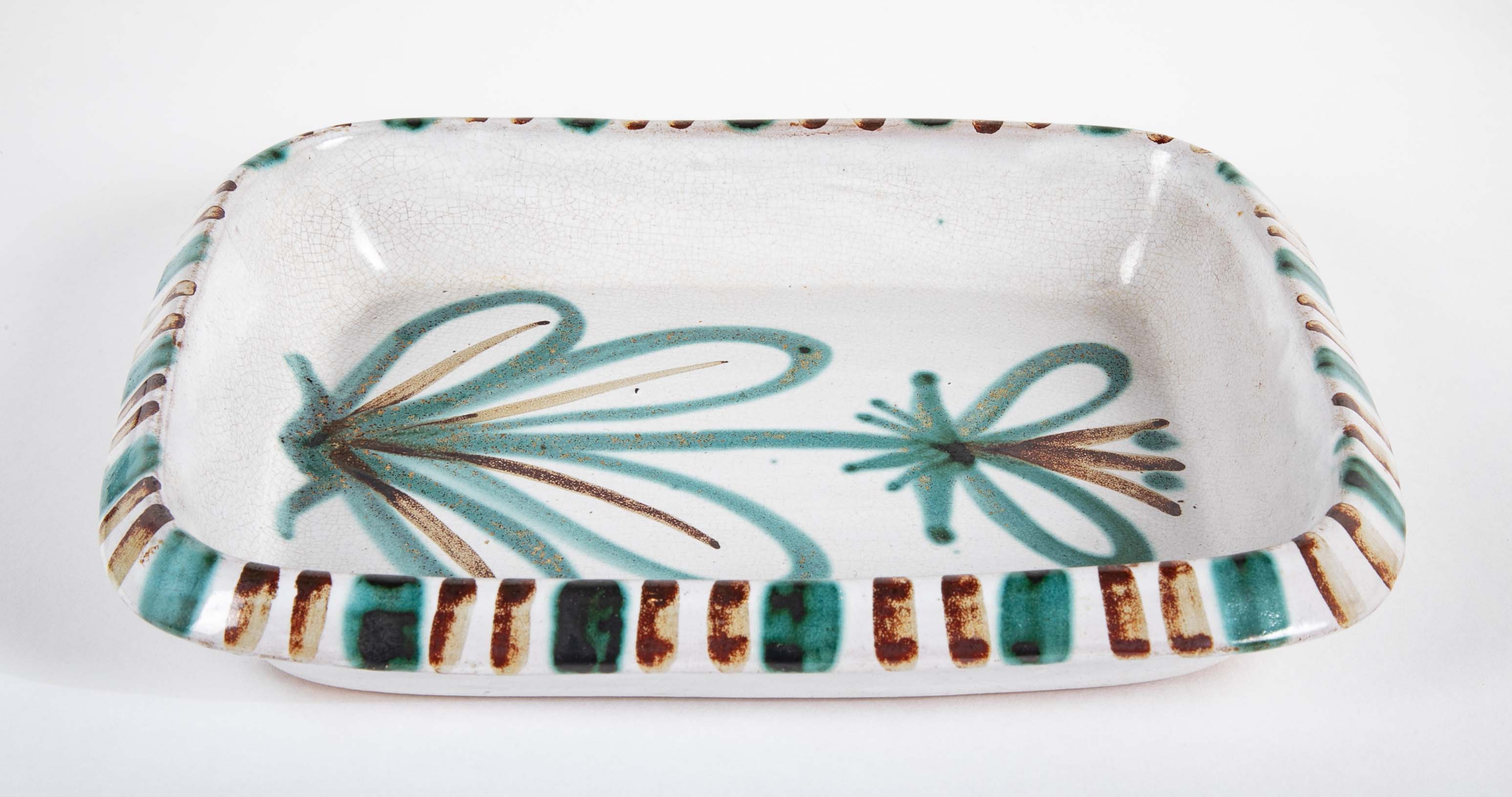 Pair of Ceramic Dishes with Center Flower on White by Robert Picault