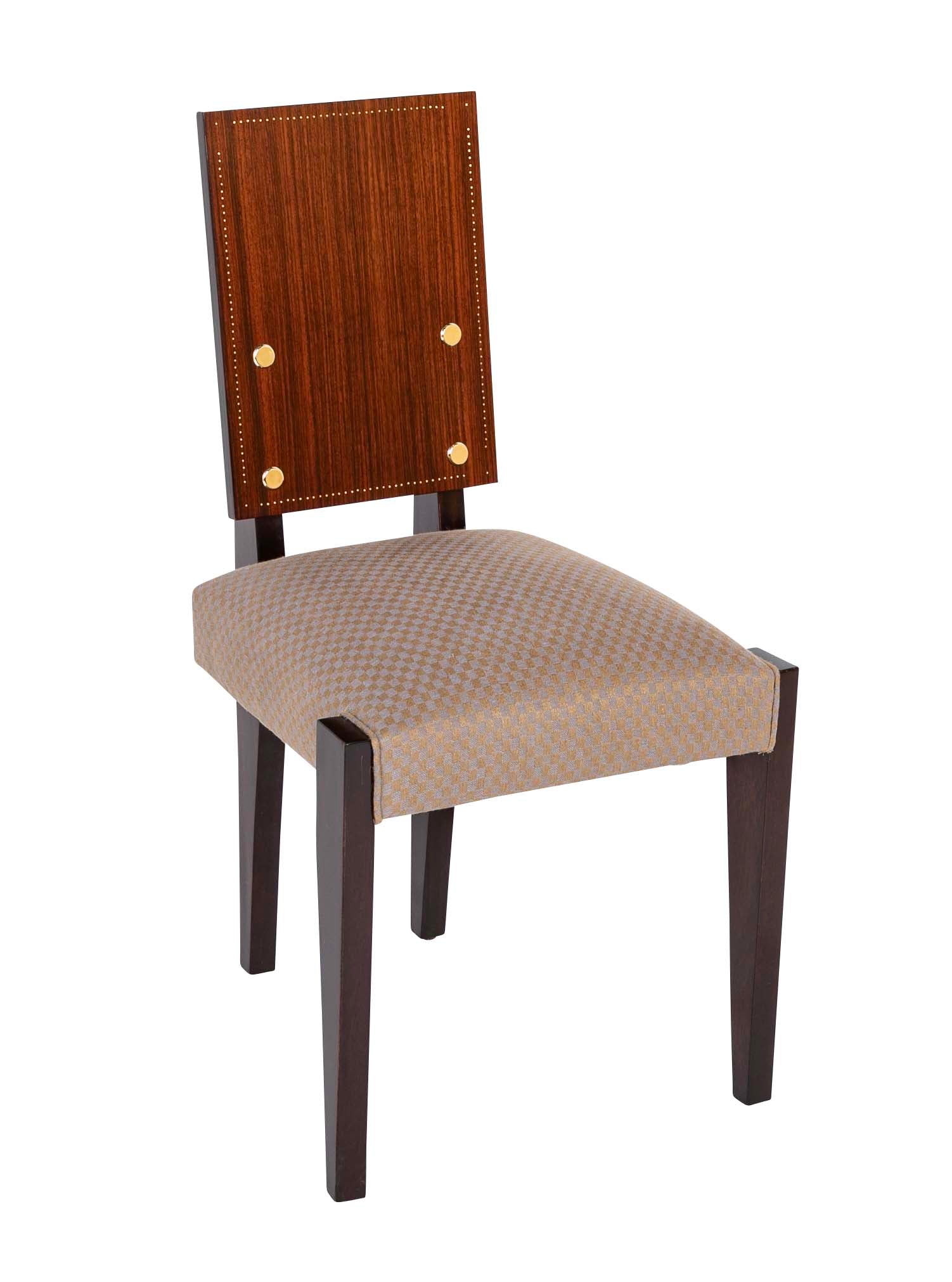 Set of 10 Mahogany Dining Chairs with Brass Medallions by Andre Sornay