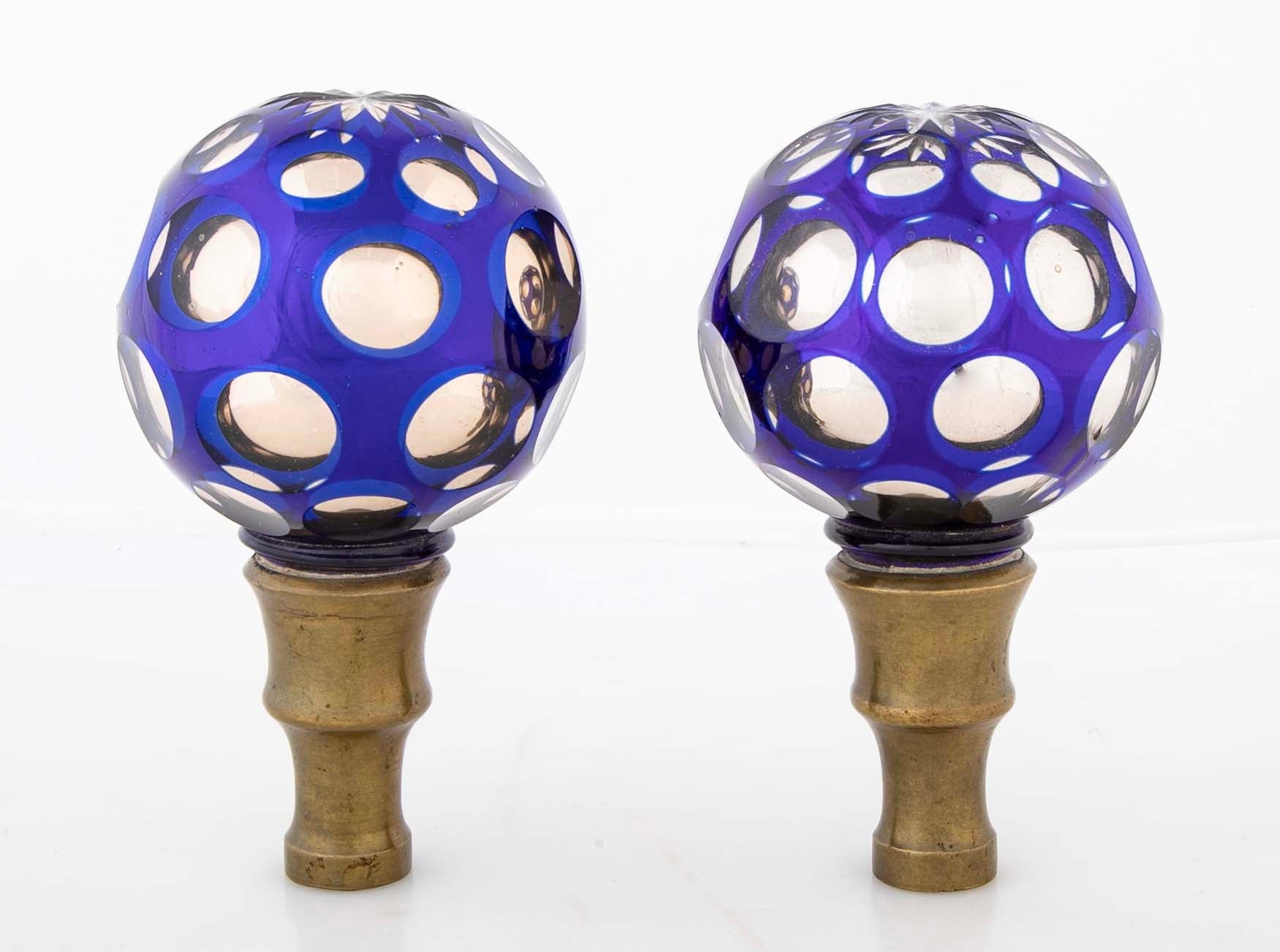 Pair of Blown Cobalt Blue Glass & Mercury Globe Newel Post Finials