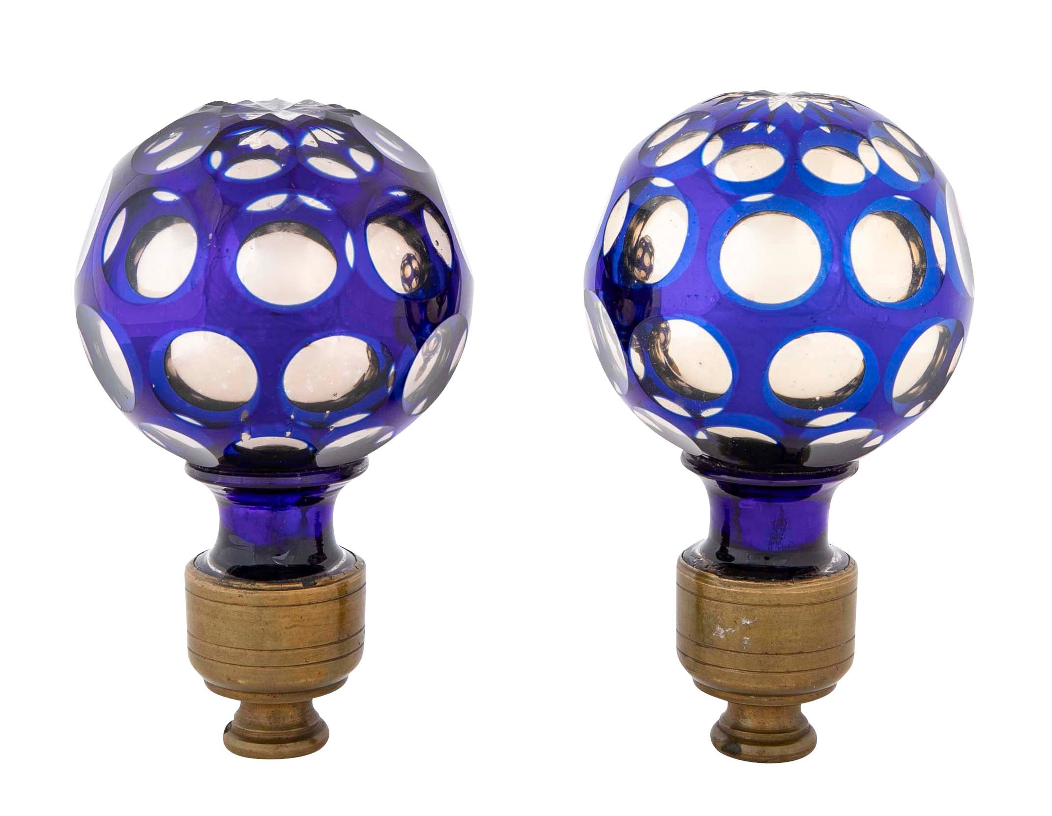 Pair of Blown Cobalt Blue Glass & Mercury Globe Newel Post Finials