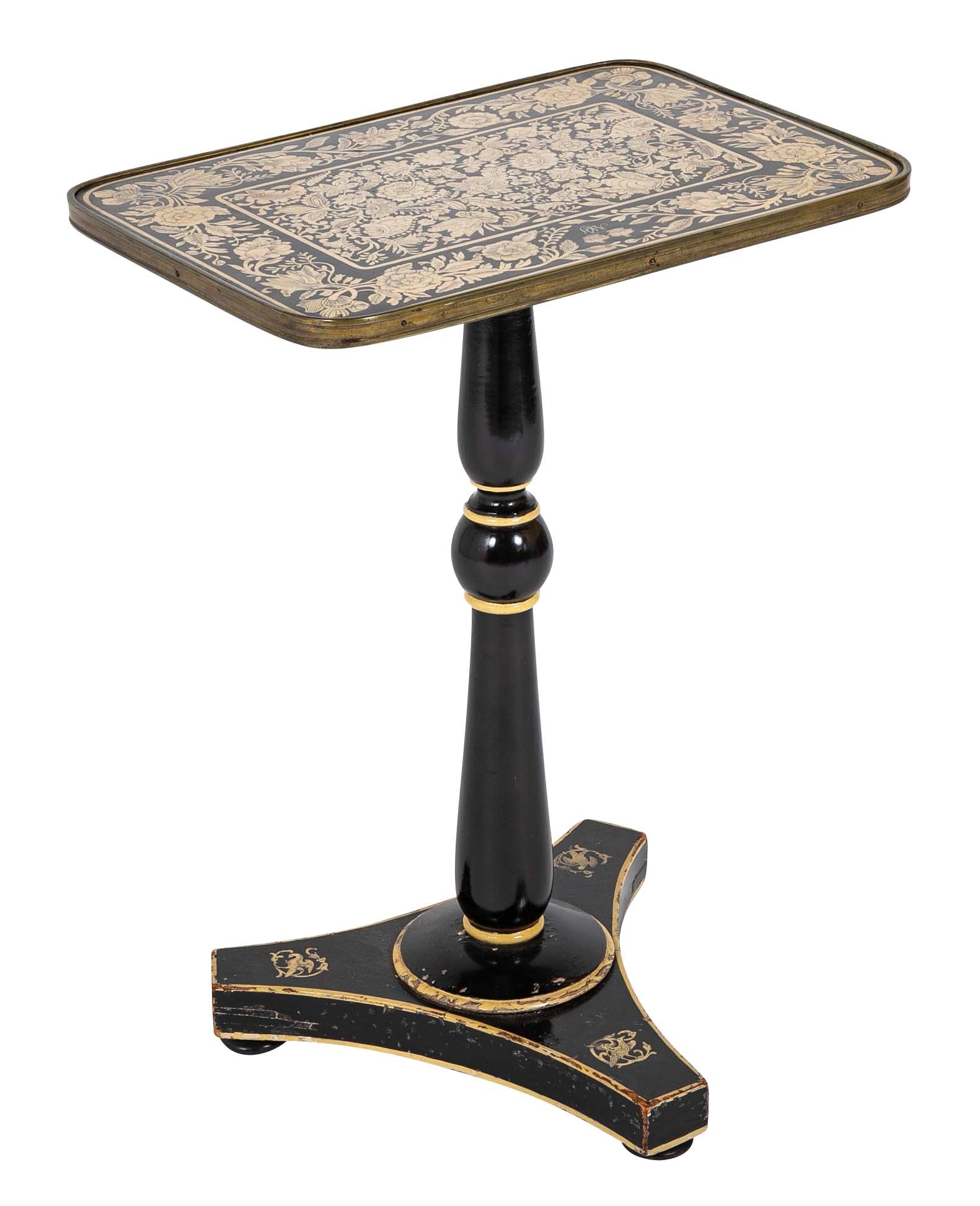 Early 19th Century English Black Lacquered Penwork Decorated Table