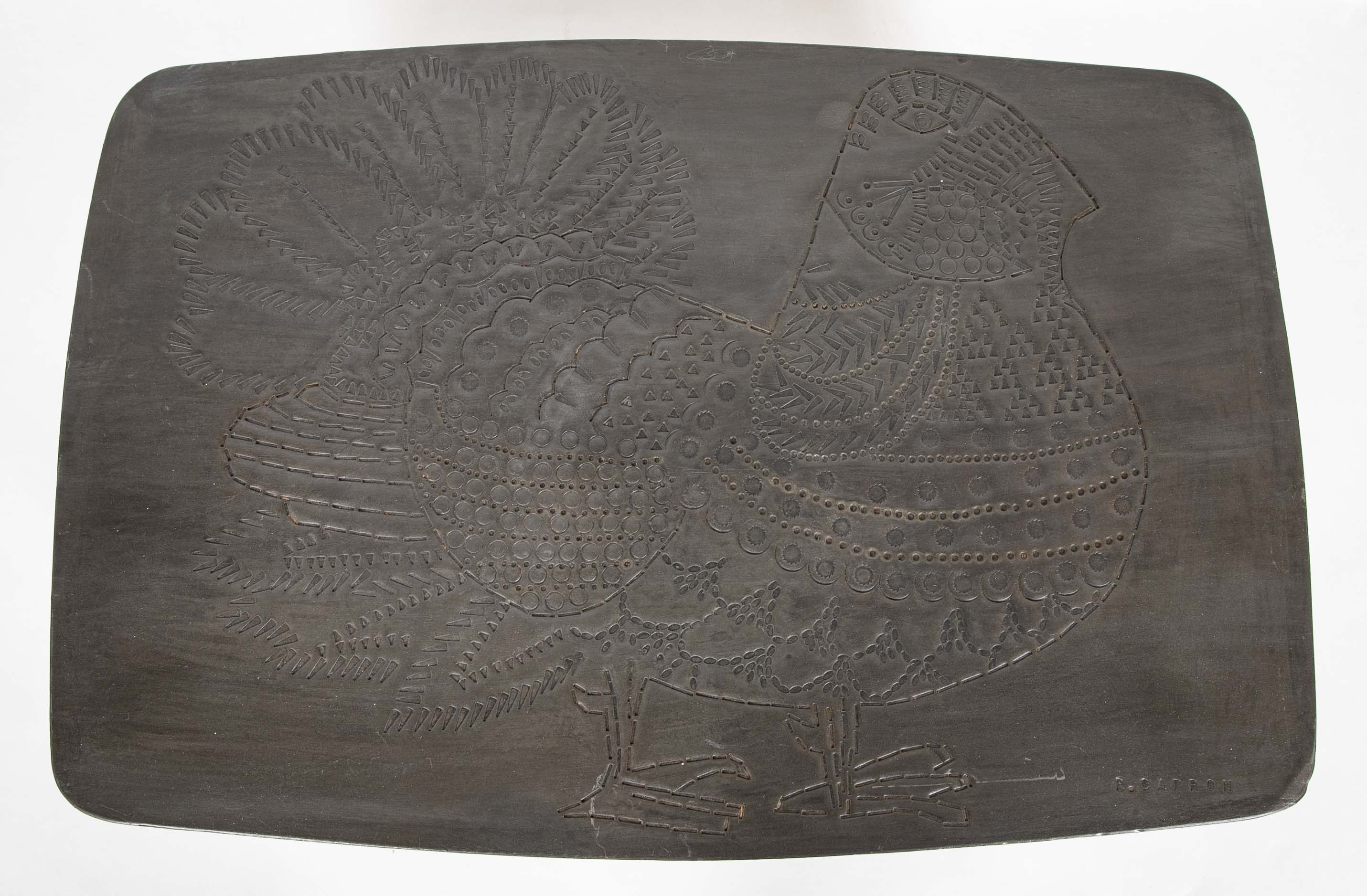 A Roger Capron Lead Wrapped Coffee Table with Incised Bird on Table Top