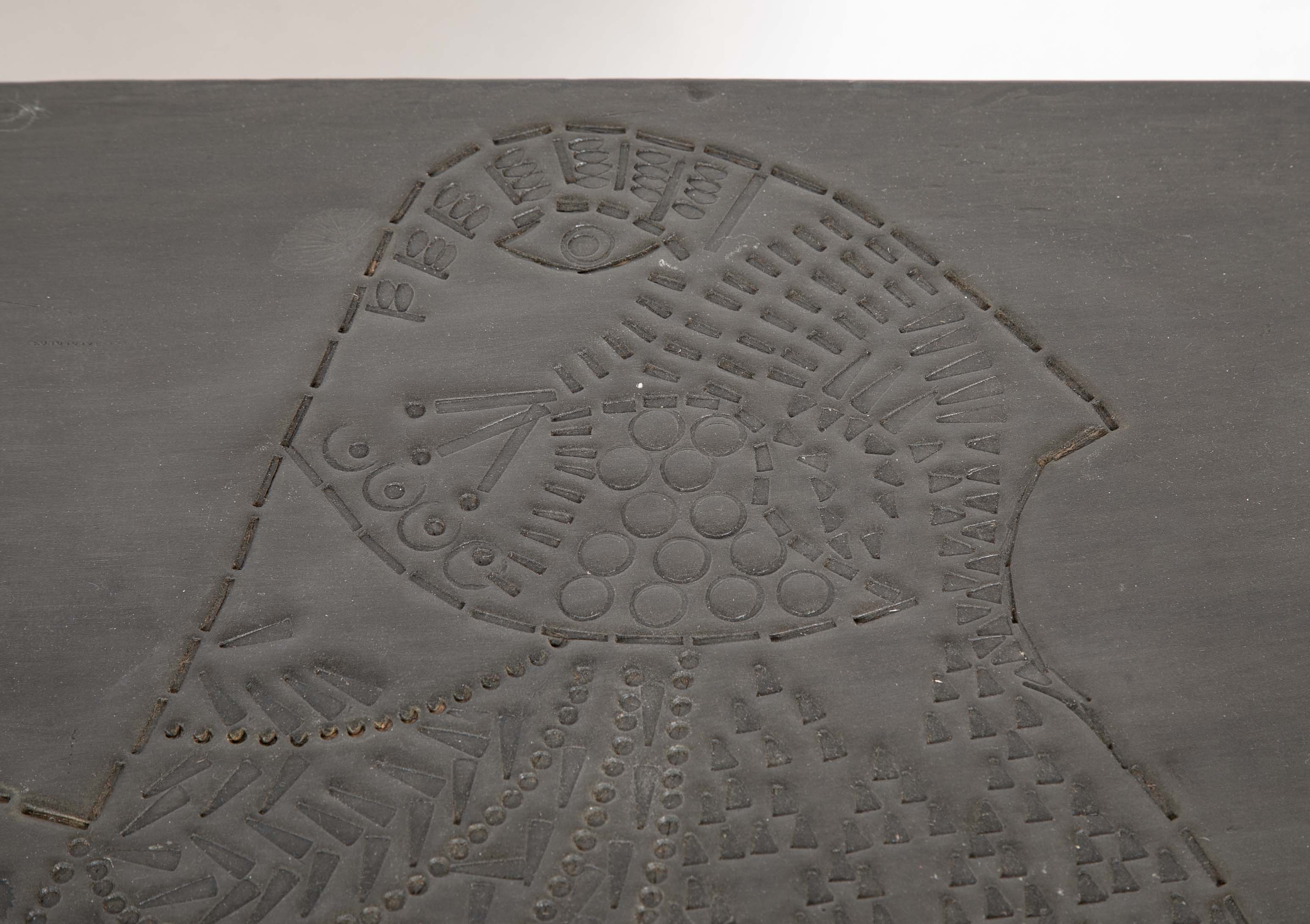 A Roger Capron Lead Wrapped Coffee Table with Incised Bird on Table Top