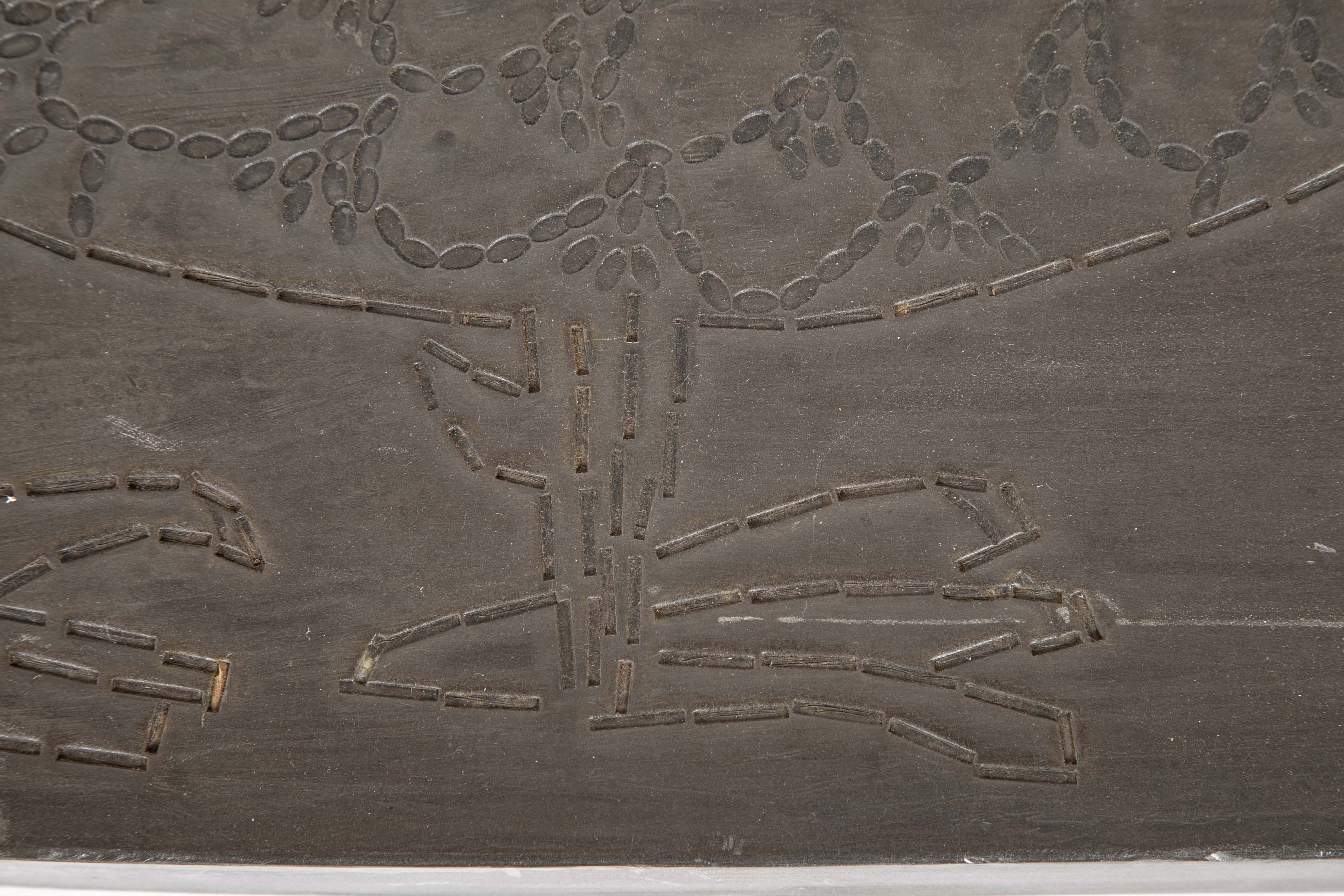 A Roger Capron Lead Wrapped Coffee Table with Incised Bird on Table Top
