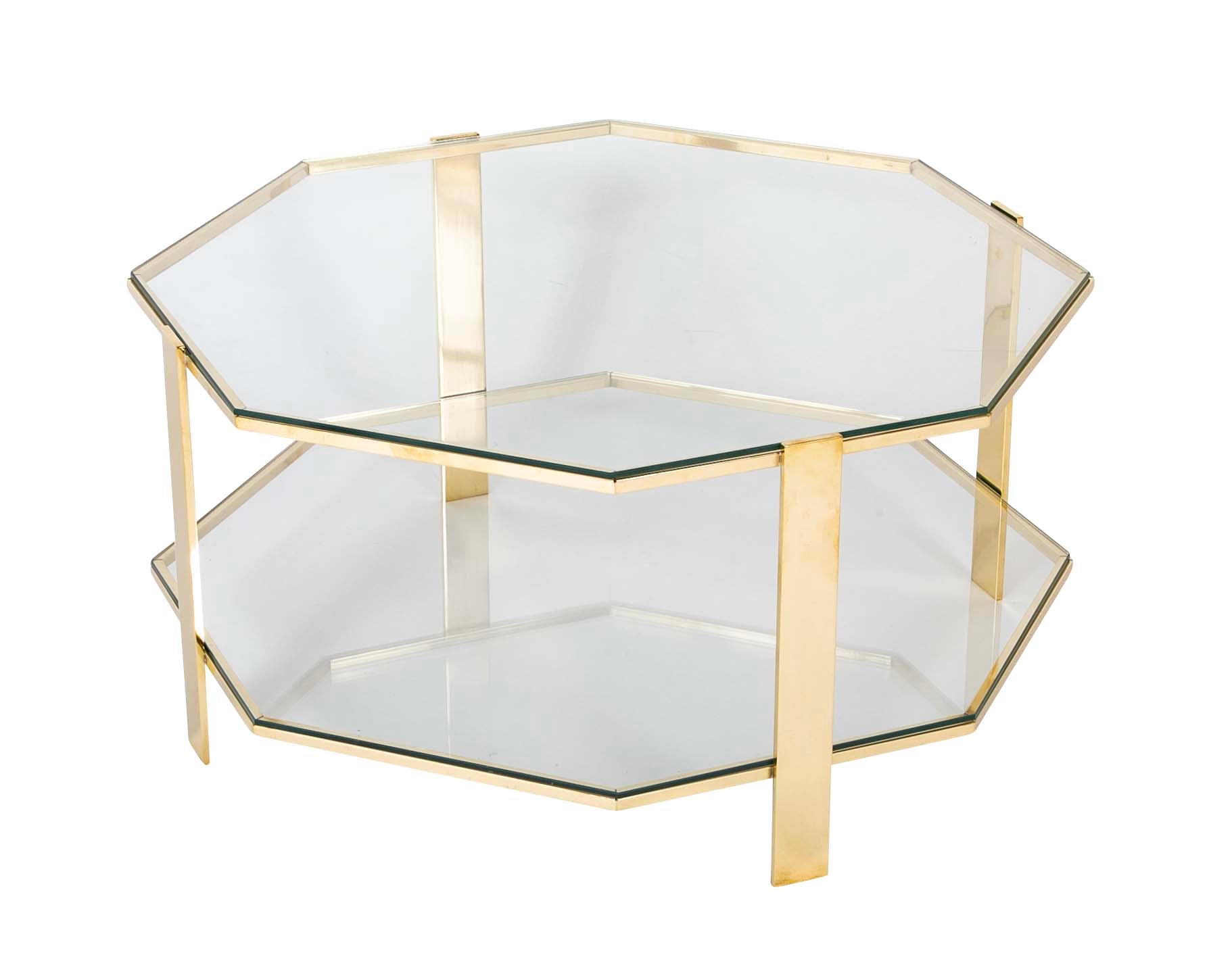 James Quinet for Maison Malabert Two Tier Hexagonal Bronze Frame Glass Table