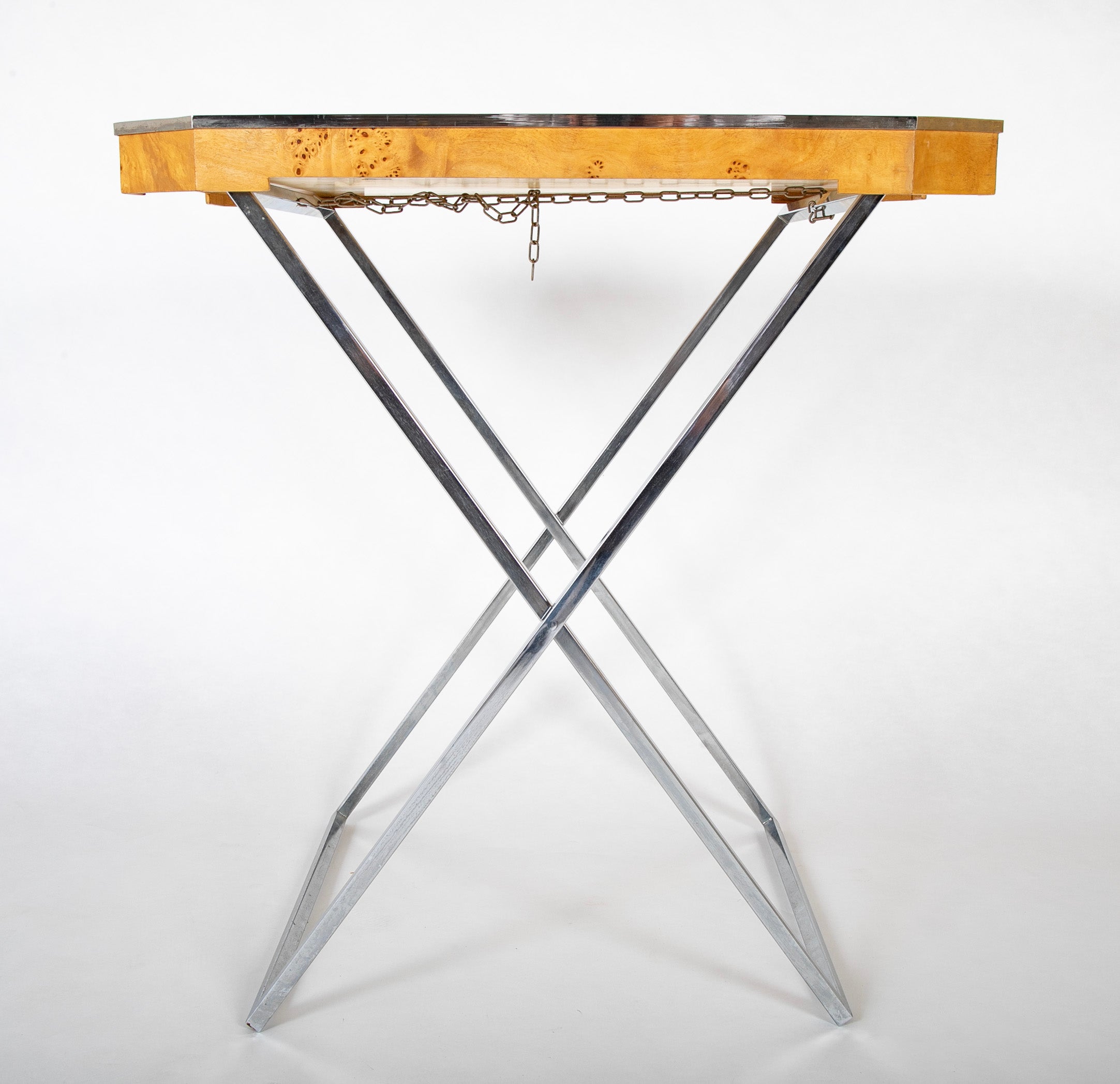 A Chrome and Burlwood Tray Table in the Style of Milo Baughman