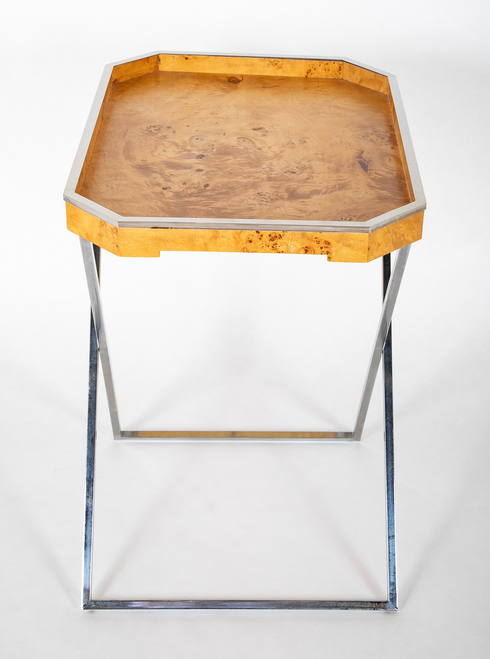A Chrome and Burlwood Tray Table in the Style of Milo Baughman