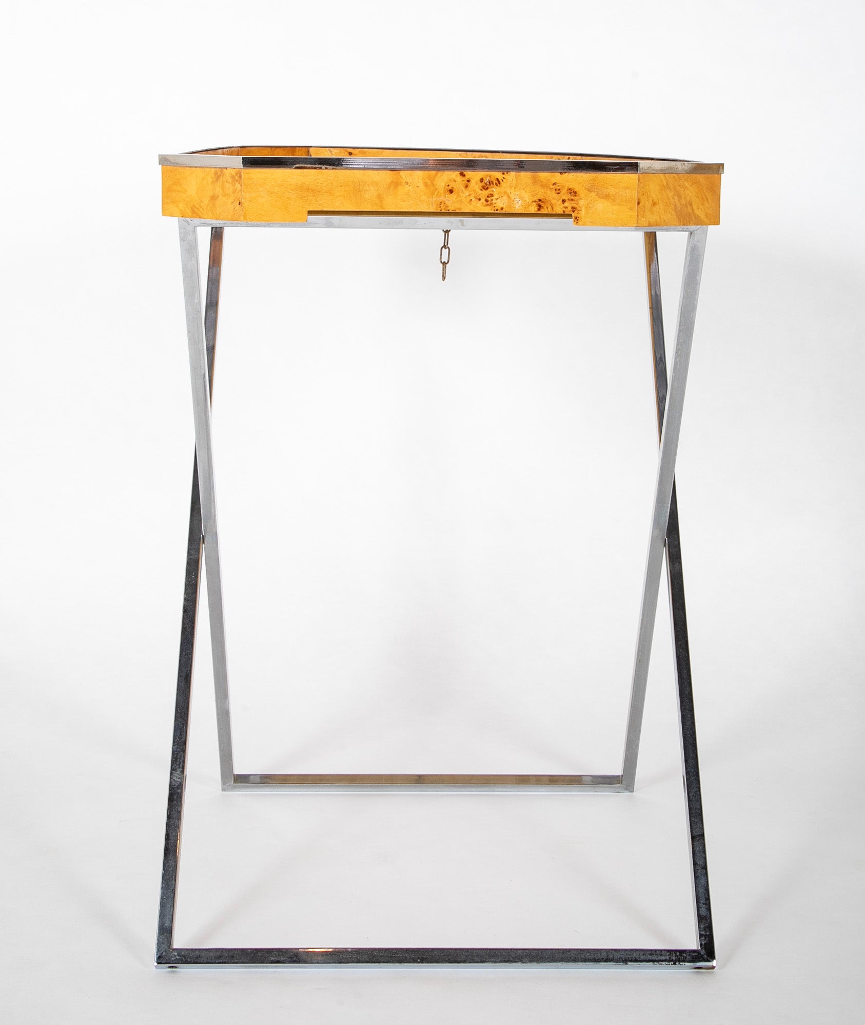 A Chrome and Burlwood Tray Table in the Style of Milo Baughman