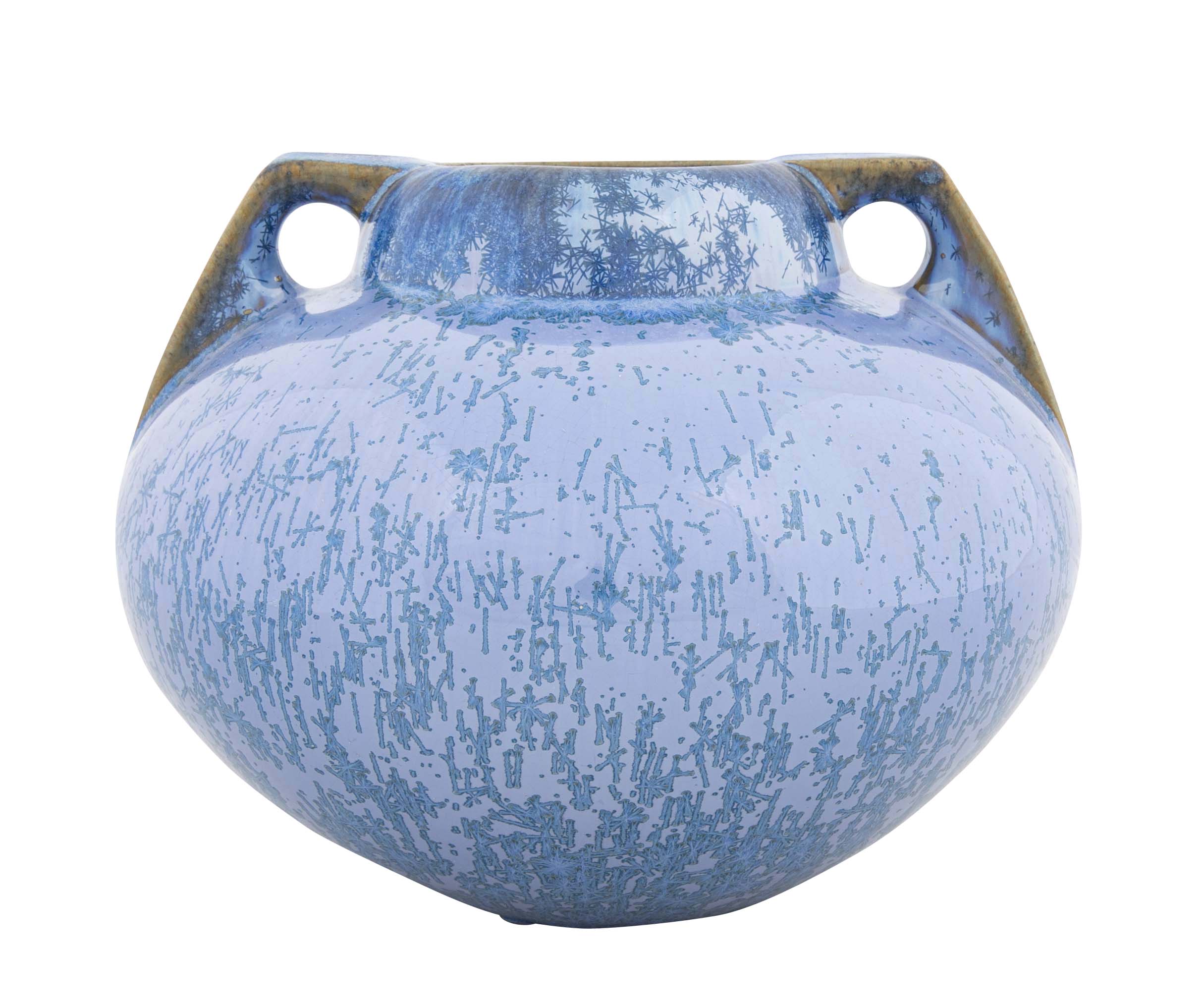 A Fulper Pottery Double Handle Vase with Blue Snowflake Crystalline Glaze
