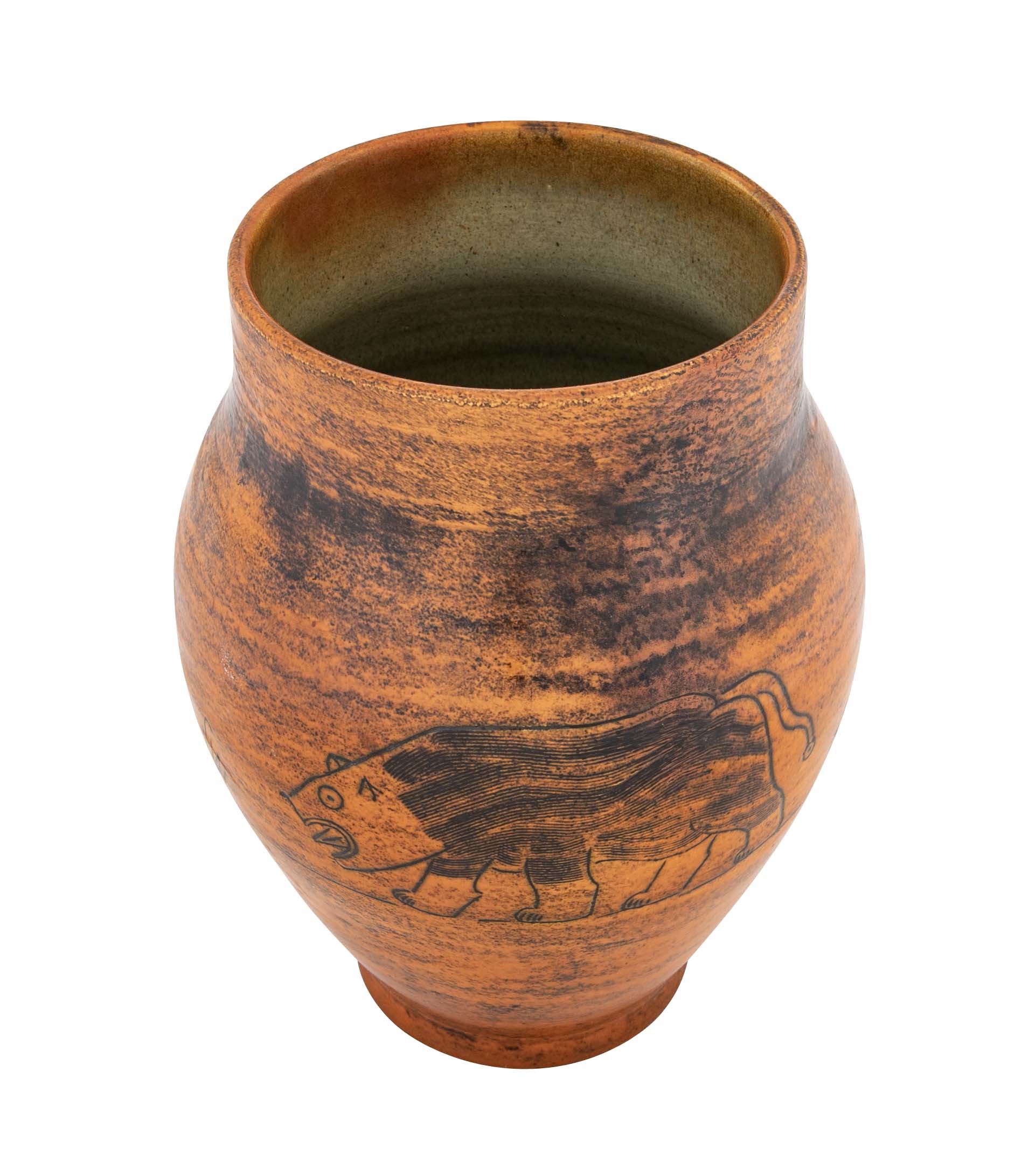 Orange Glazed Vase with Bull by French Ceramist Jacques Blin