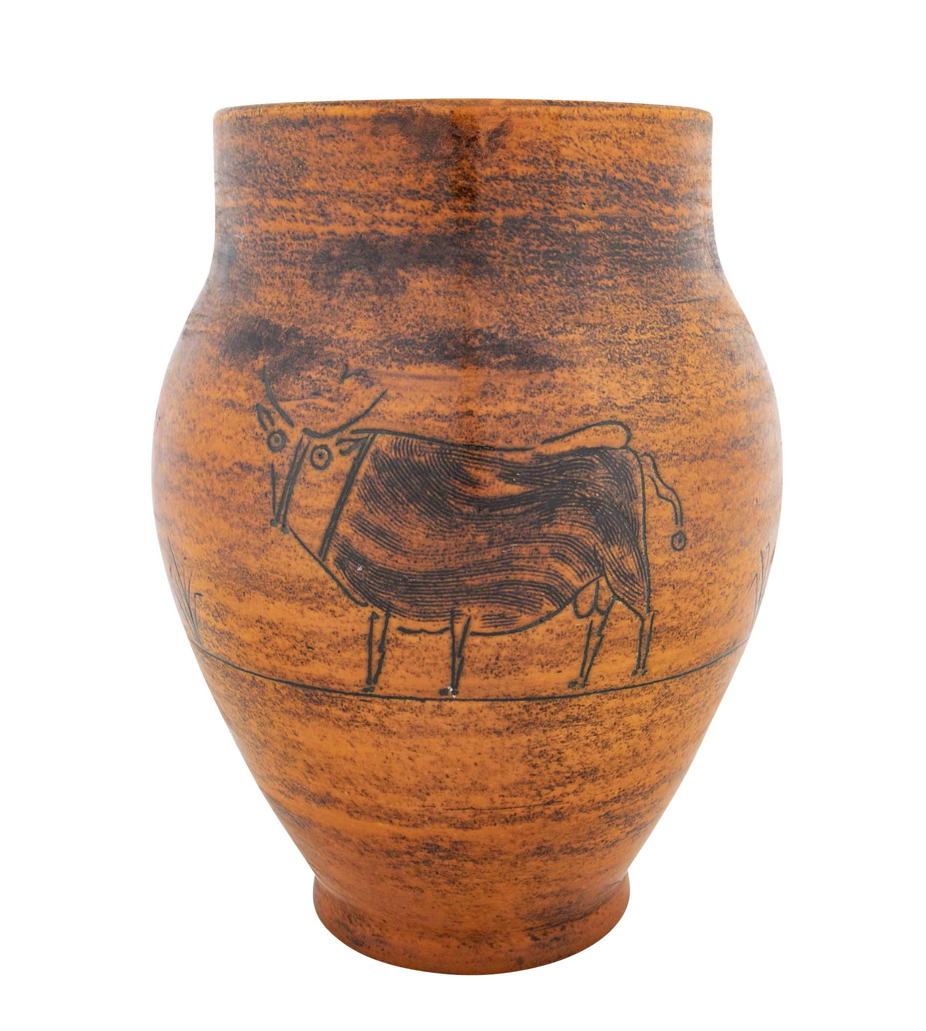 Orange Glazed Vase with Bull by French Ceramist Jacques Blin