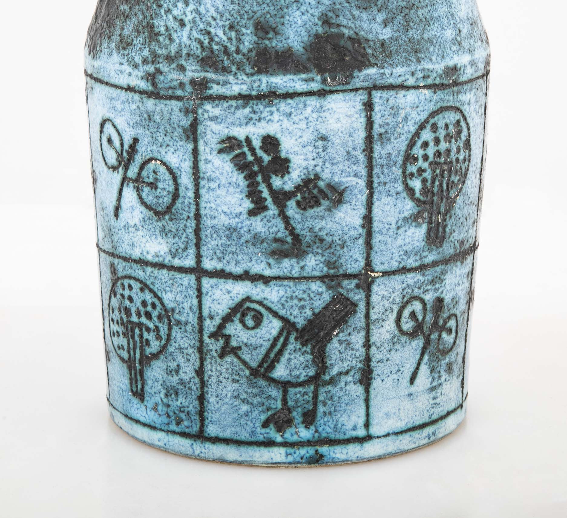 A Jacques Blin Blue Glazed Ceramic Vase with Bird Decor