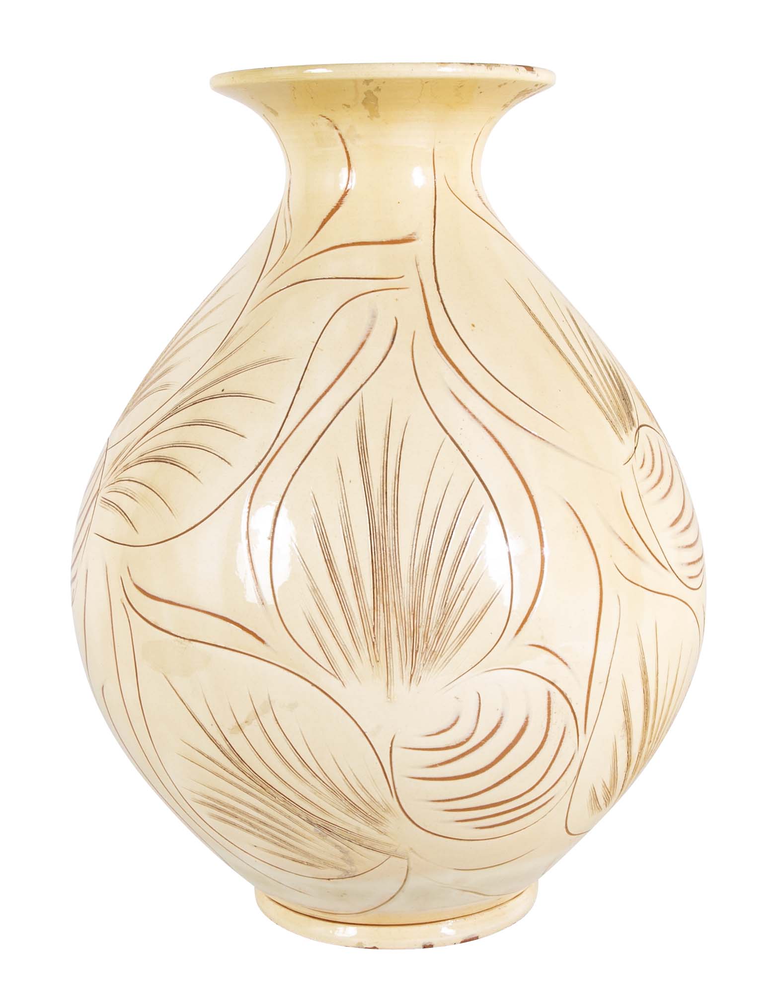 Kahler Earthenware Vase in Cream Glaze with Incised Foliage Design