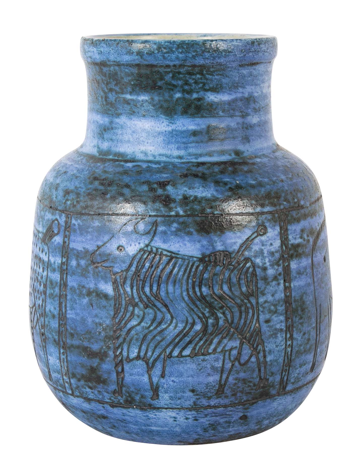 Jacques Blin Incised Blue Glazed Ceramic Vase with Animal Decor