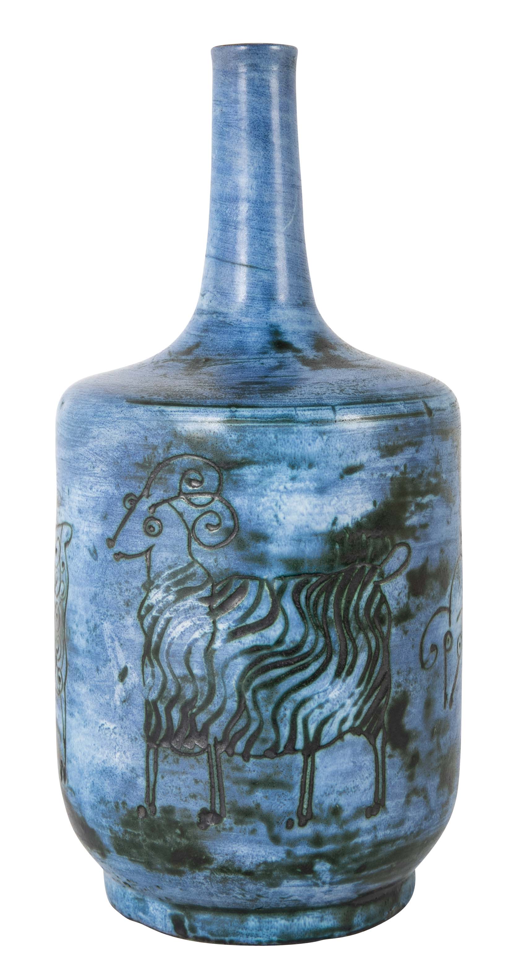 Jacques Blin Incised Blue Glazed Ceramic Vase with Animal Decor