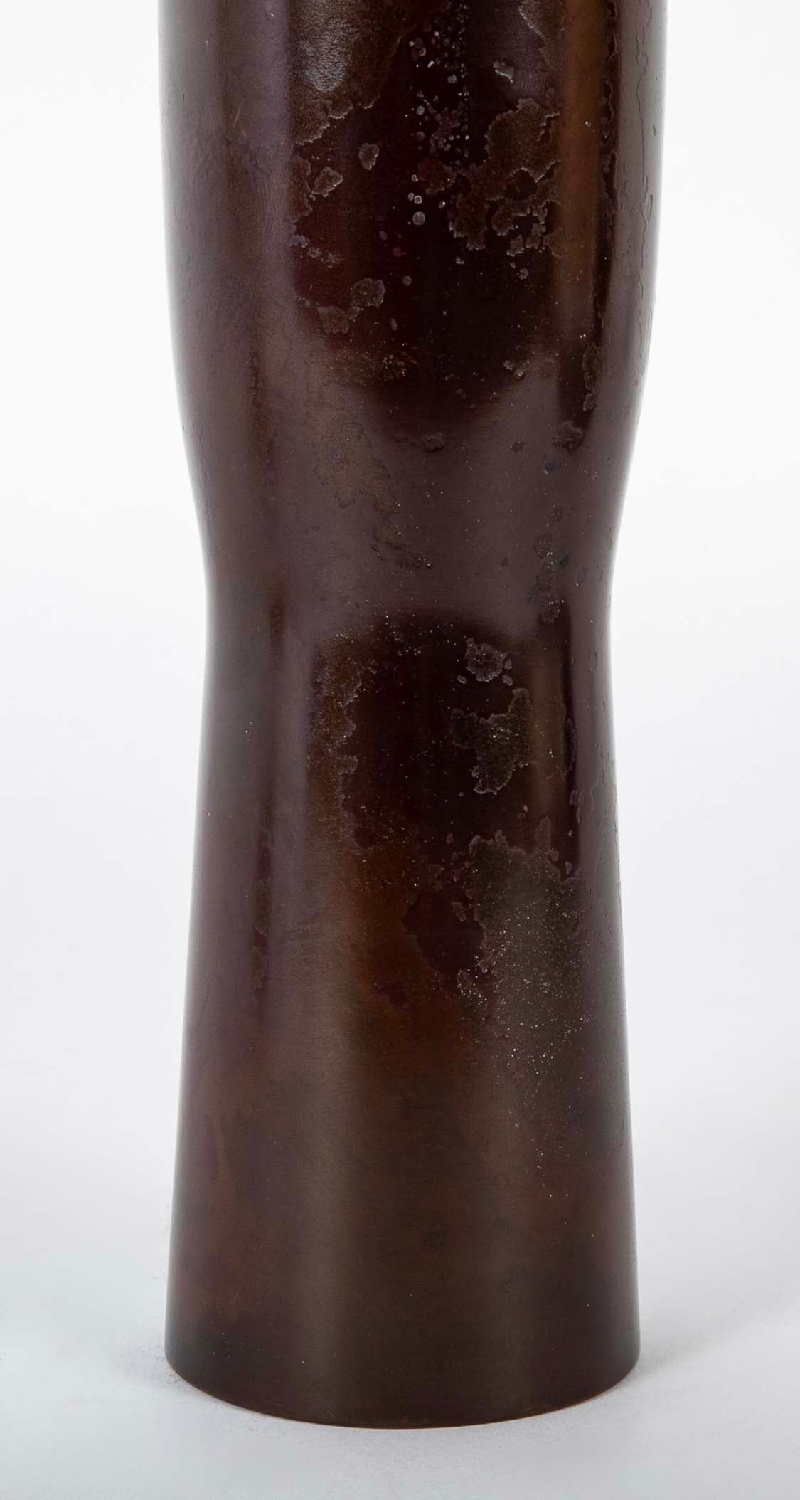 Japanese Patinated Bronze Vase in Columnar Form with Flared Rim