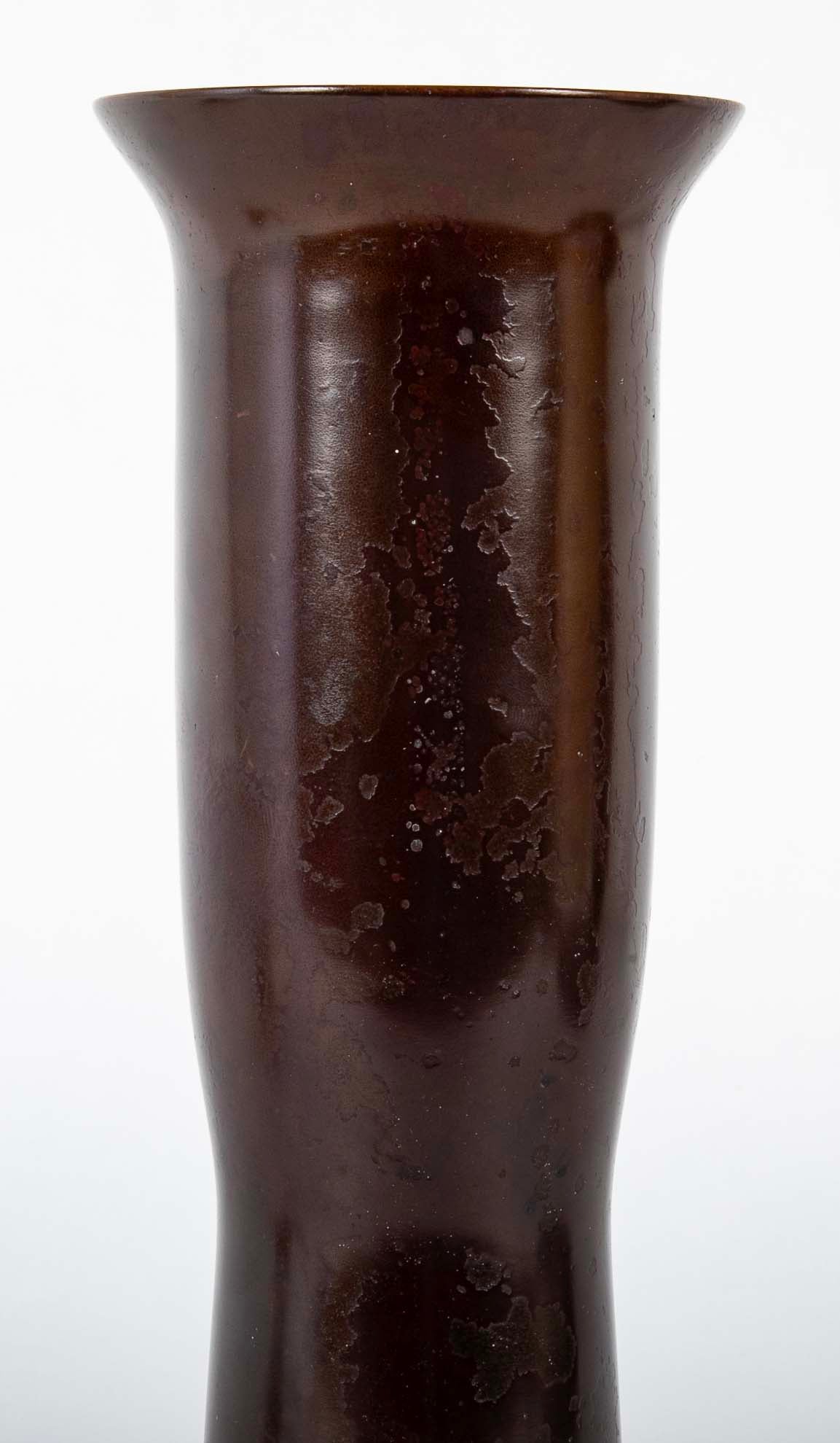 Japanese Patinated Bronze Vase in Columnar Form with Flared Rim