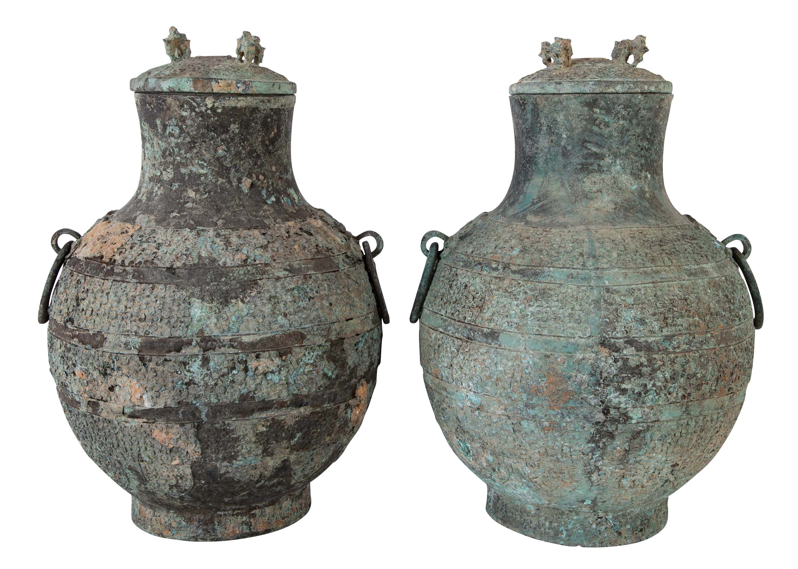 A Pair of Chinese "Warring States" Period Bronze Lidded Wine Vessels