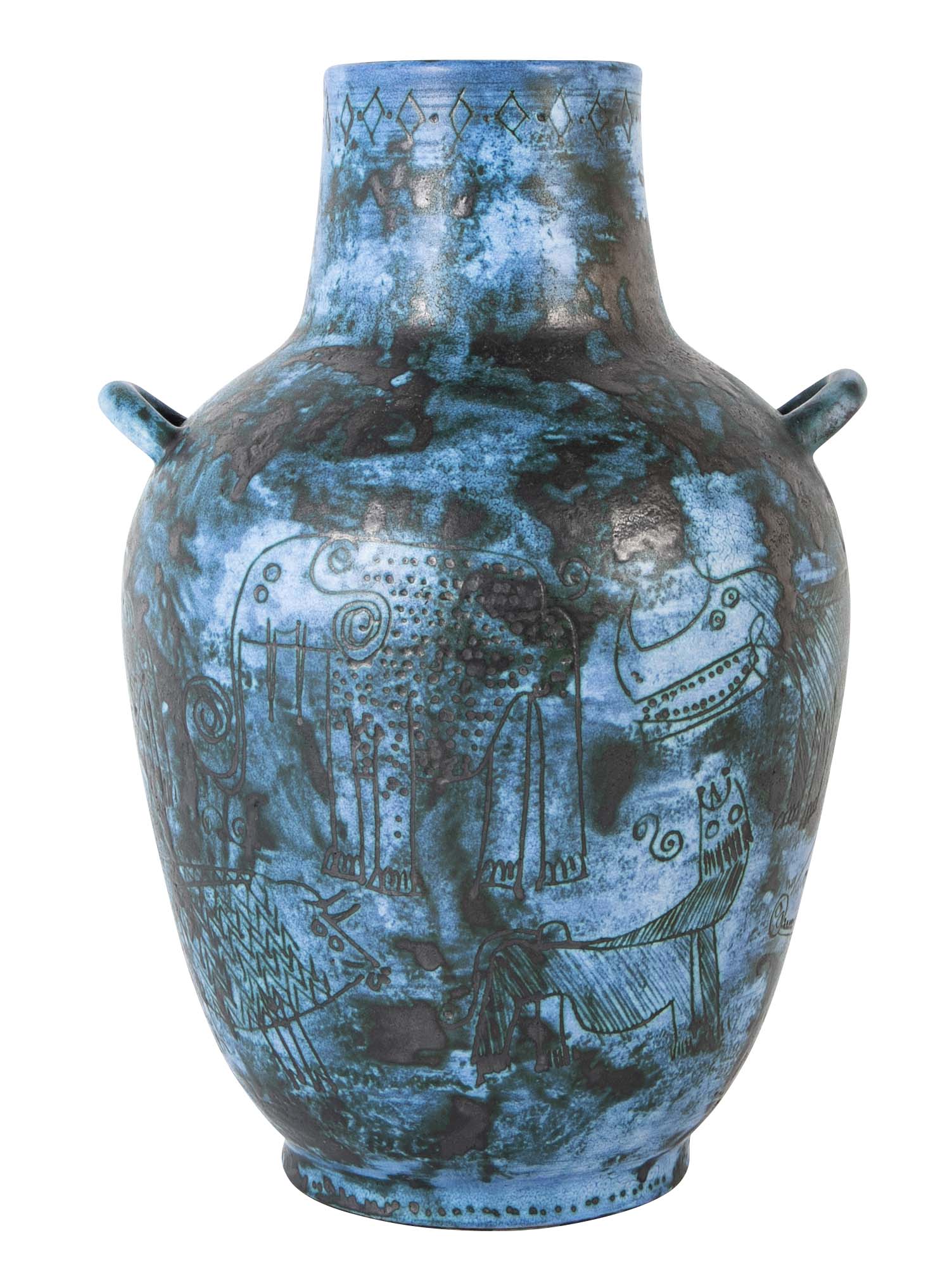 A Jacques Blin Sgraffito Glazed Stoneware Vase with Animal Decor