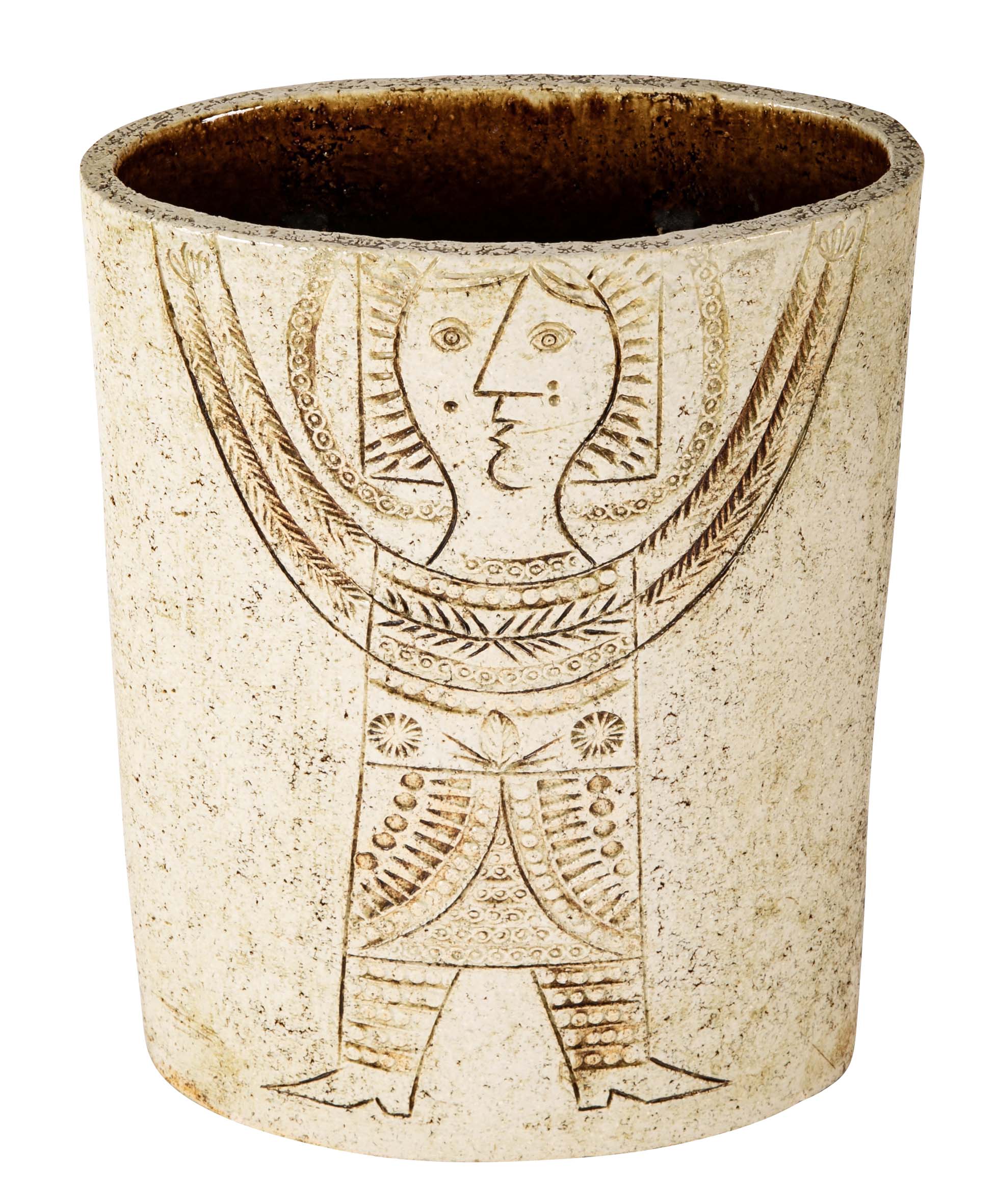 Roger Capron Straight Sided Oval Ceramic Vase with Incised Cubist Figure