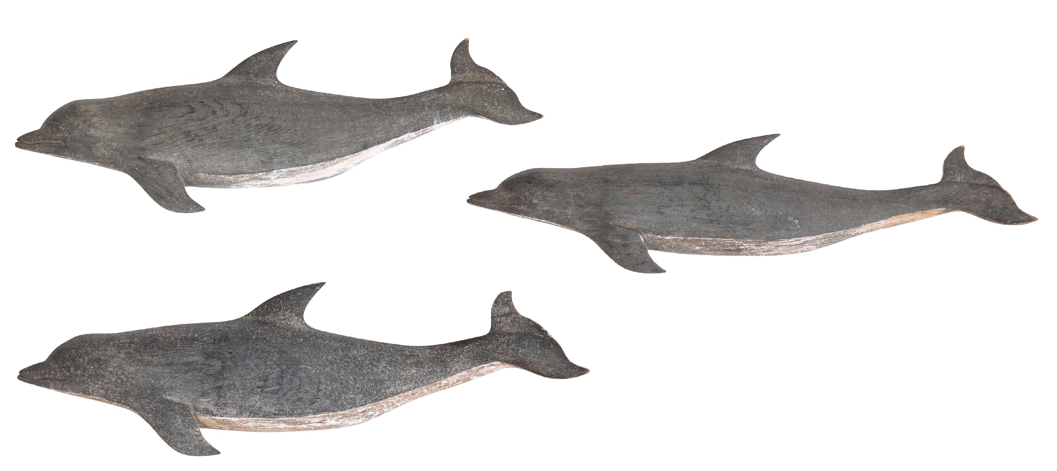 Set of Three Plaques of Carved and Painted Porpoises