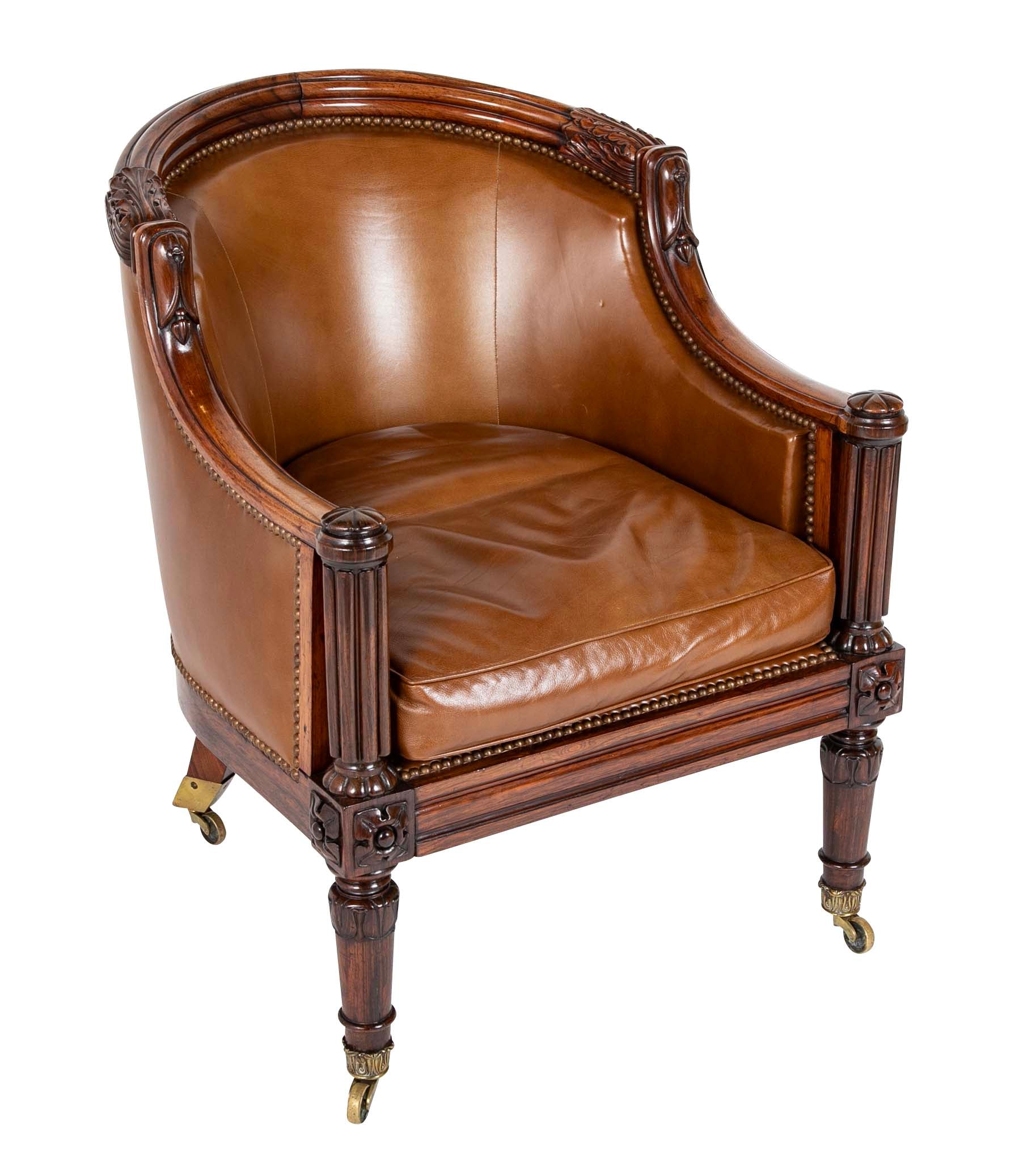 William IV Rosewood Library Chair Upholstered in Leather with Nailhead Trim