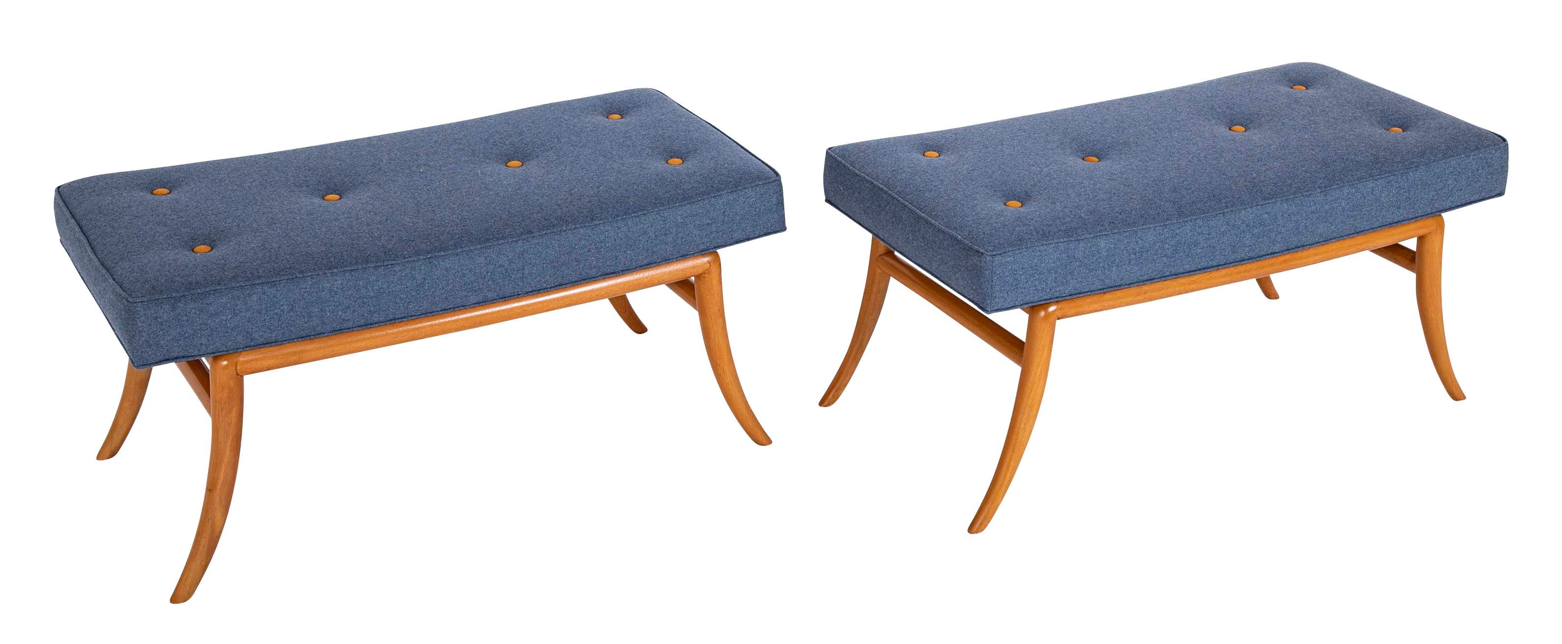 Pair of T.H. Robsjohn-Gibbings Model 2021 Mahogany Upholstered Seat Benches