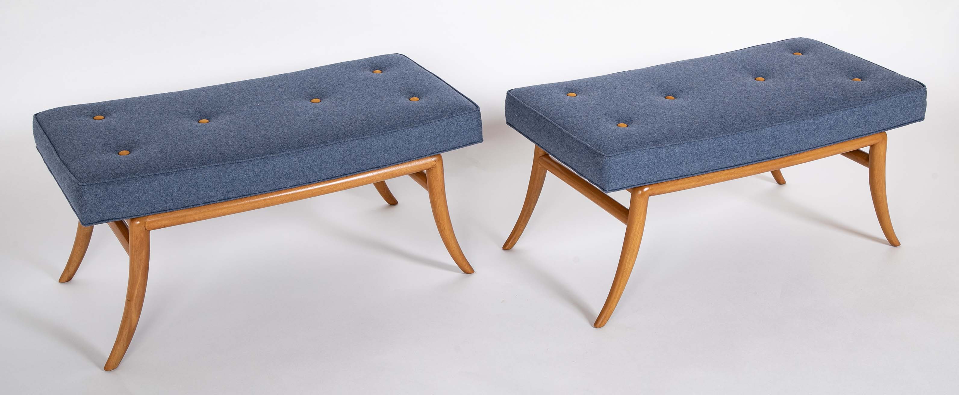 Pair of T.H. Robsjohn-Gibbings Model 2021 Mahogany Upholstered Seat Benches