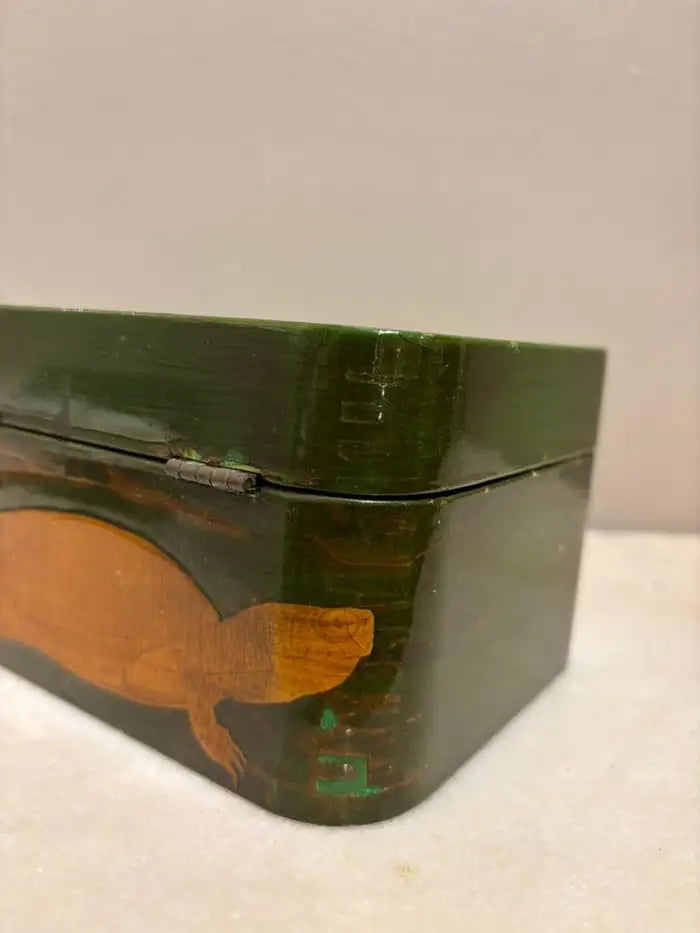 Green and Gold Lacquer Decoupage Turtle Box With Faux Tortoise Shell Interior