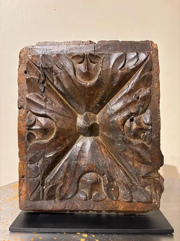 17th Century Spanish Carved Walnut Door Panel on Baroque, Hand-Carved, Steel Base