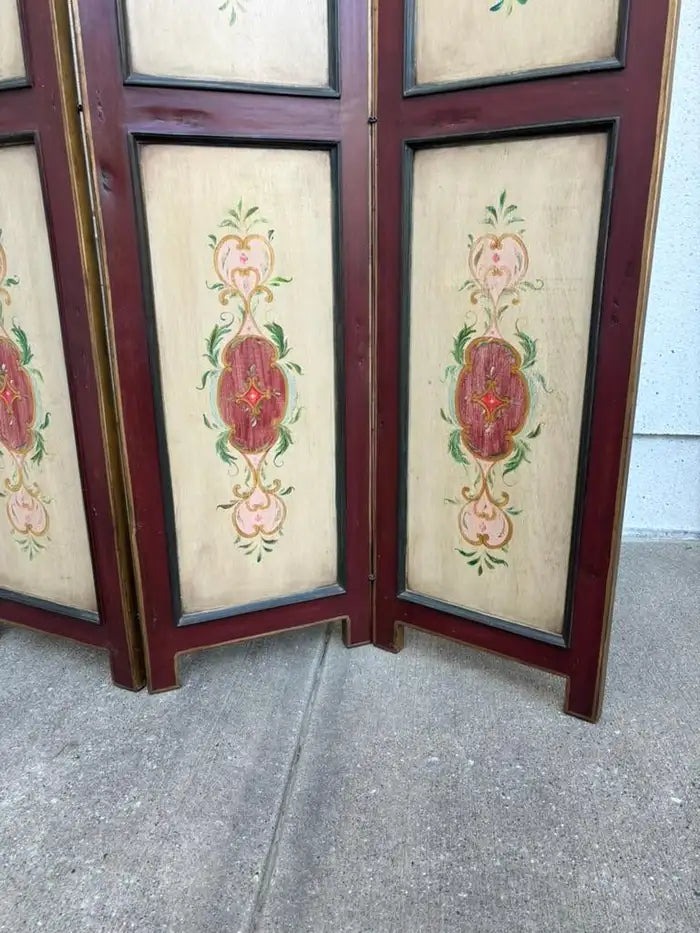 Italian Painted Four Panel Wood Screen Room Divider With Floral Decoration