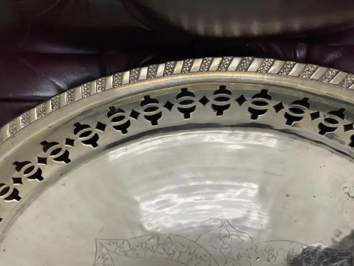 Chinese Export Brass Charger with Fretwork Border and Etched Decoration, Signed