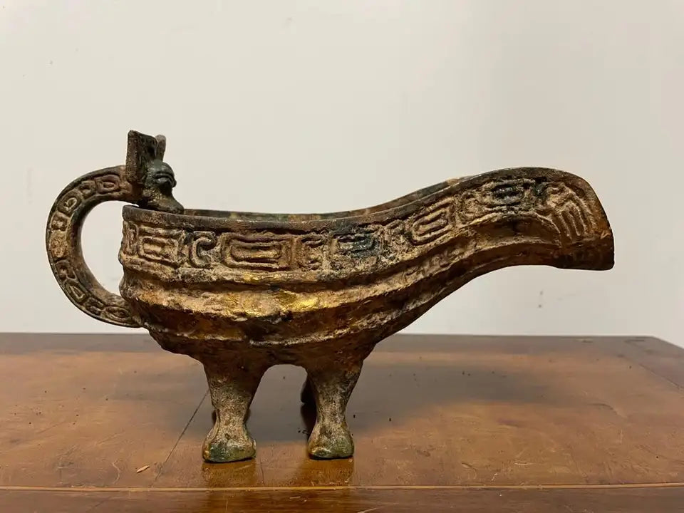 Chinese Archaic Style Gilt Bronze and Verdigris Vessel