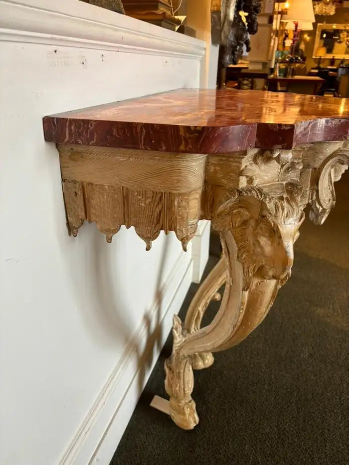 18th Century Italian Carved Rams Head Console Table With Scagliola Top