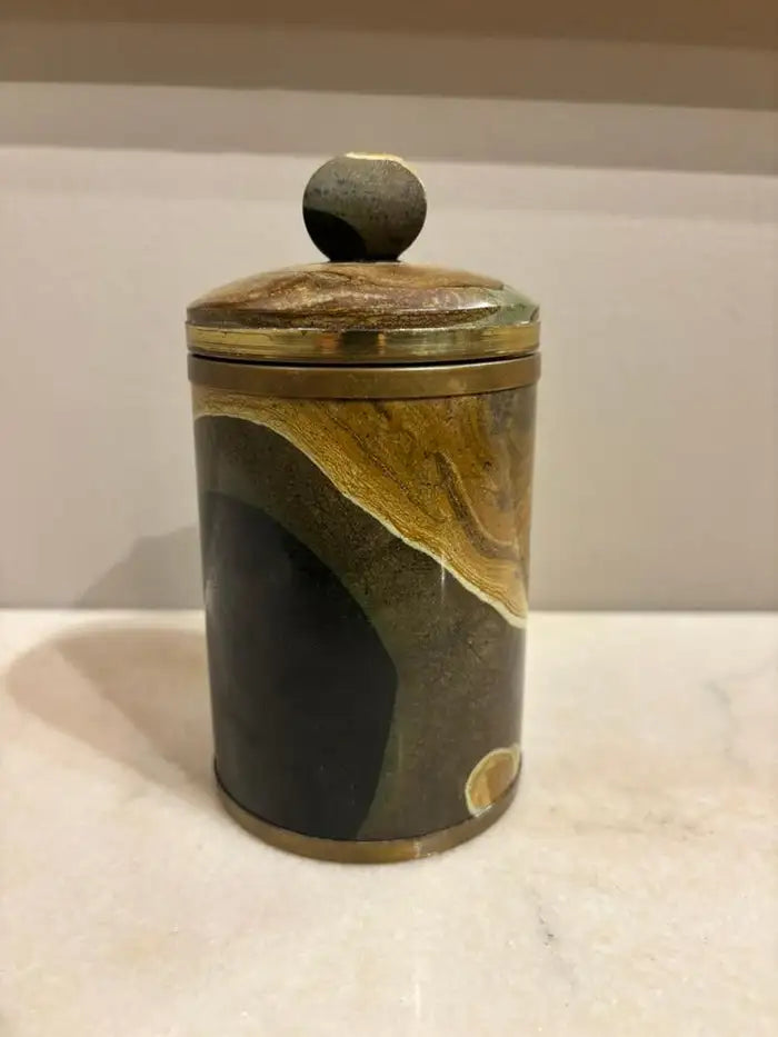 Italian Agate Hard Stone Round Box with Lid and Brass Mounts