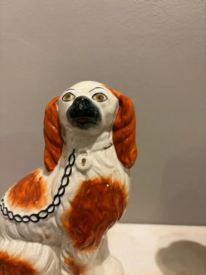 Pair of Antique English Staffordshire Glazed Ceramic Spaniels