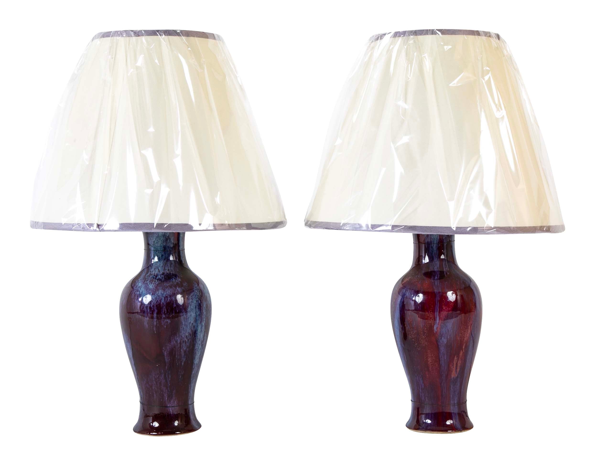 A Pair of Fine Flambe Marked Porcelain Vases now Lamps