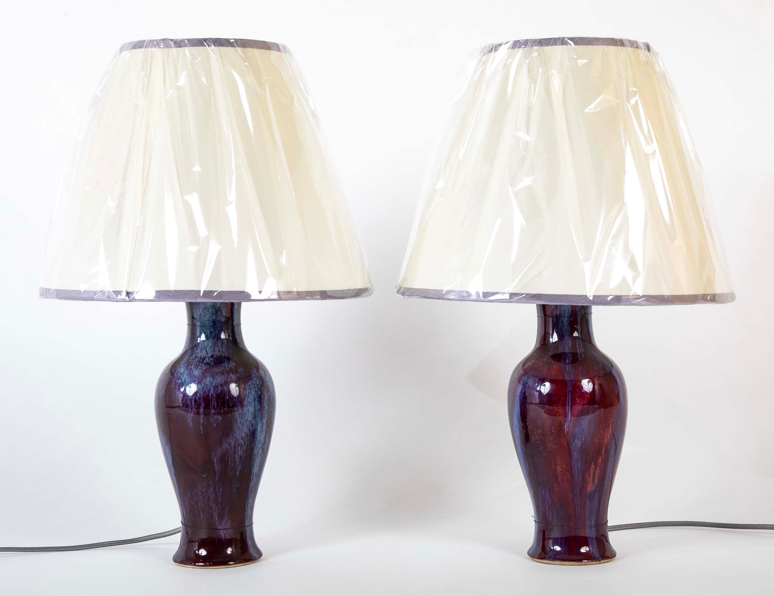 A Pair of Fine Flambe Marked Porcelain Vases now Lamps