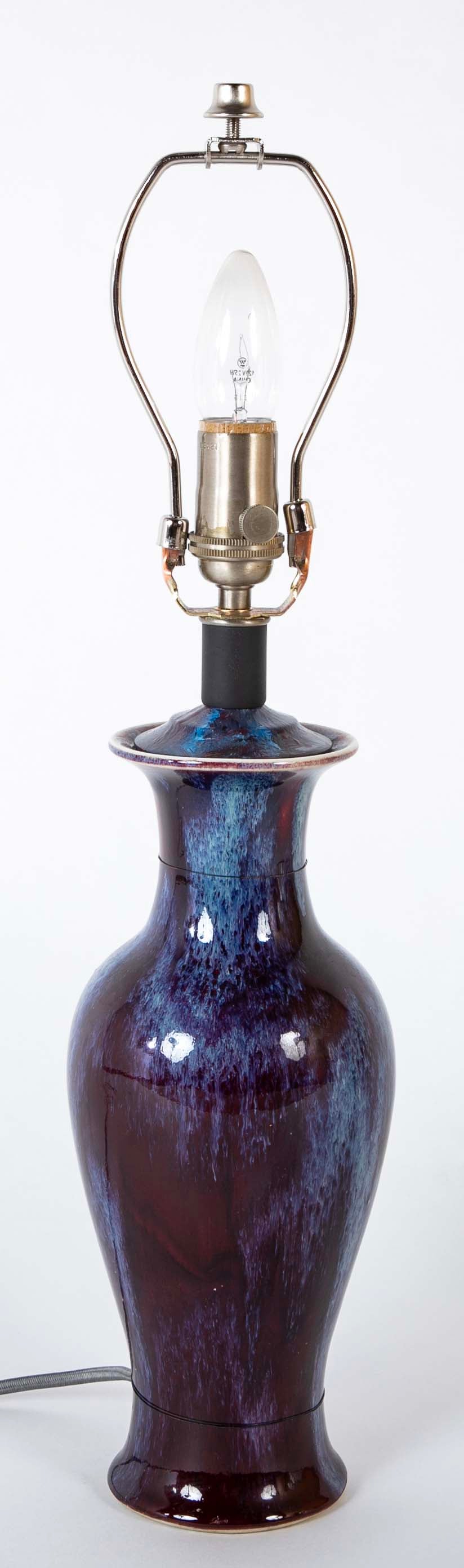 A Pair of Fine Flambe Marked Porcelain Vases now Lamps