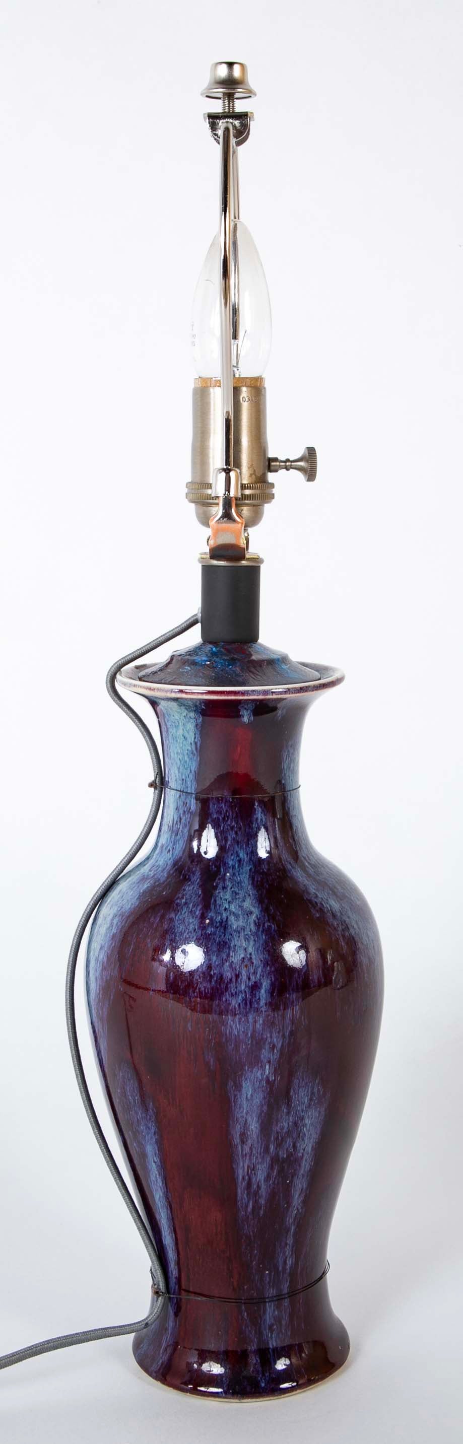 A Pair of Fine Flambe Marked Porcelain Vases now Lamps