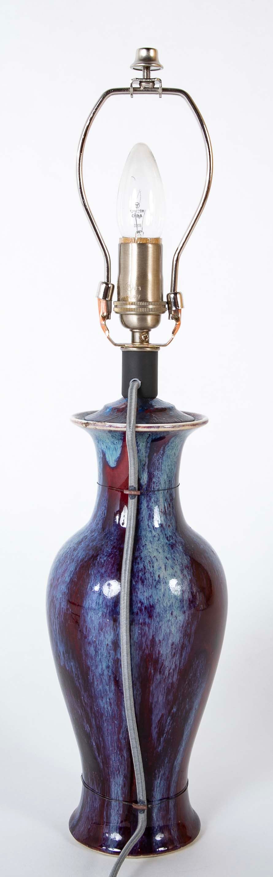 A Pair of Fine Flambe Marked Porcelain Vases now Lamps