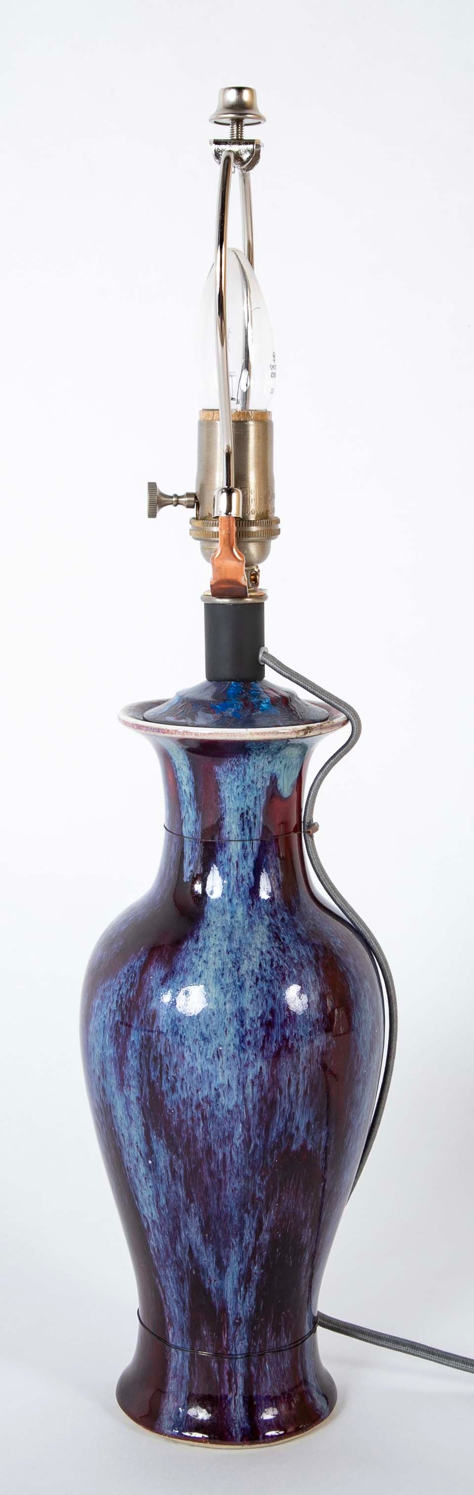 A Pair of Fine Flambe Marked Porcelain Vases now Lamps
